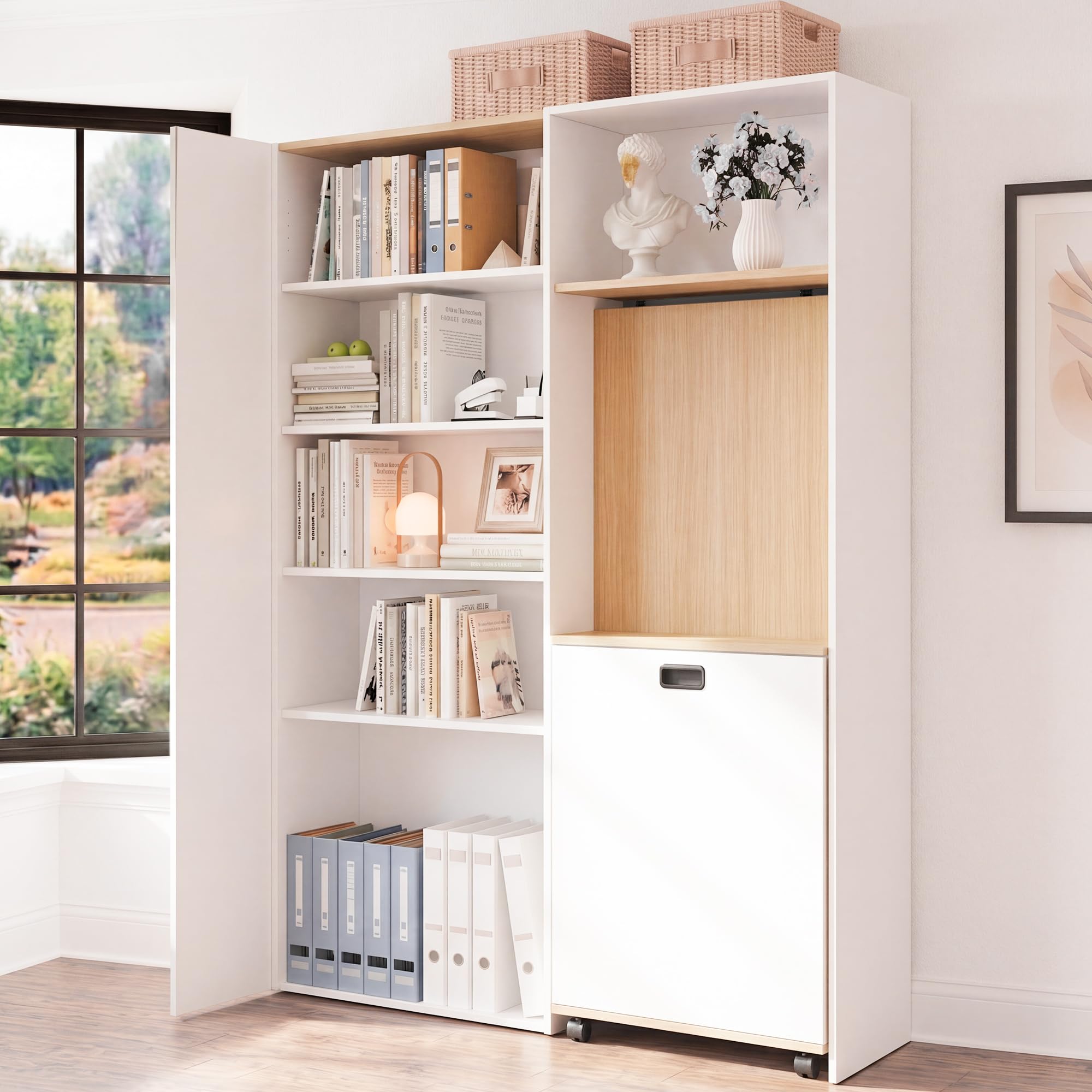 Bureau avec Rangement en Hauteur et étagère, Pliable, Rabattable