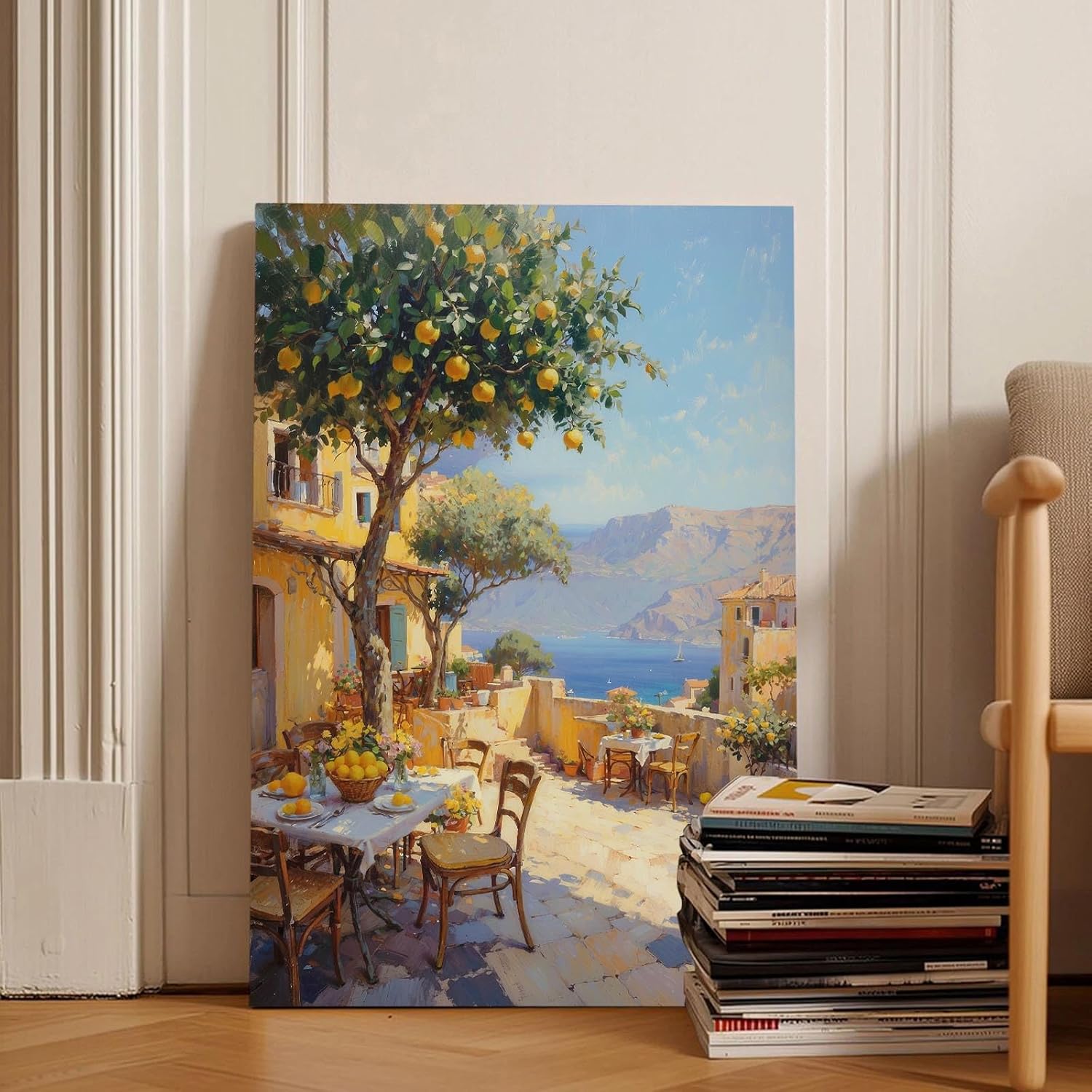 Sunlit mediterranean terrace canvas painting lush lemon tree trellis dining table setting wooden chairs rustic yellow walls coastal landscape azure water citrus textured brushstrokes home decor