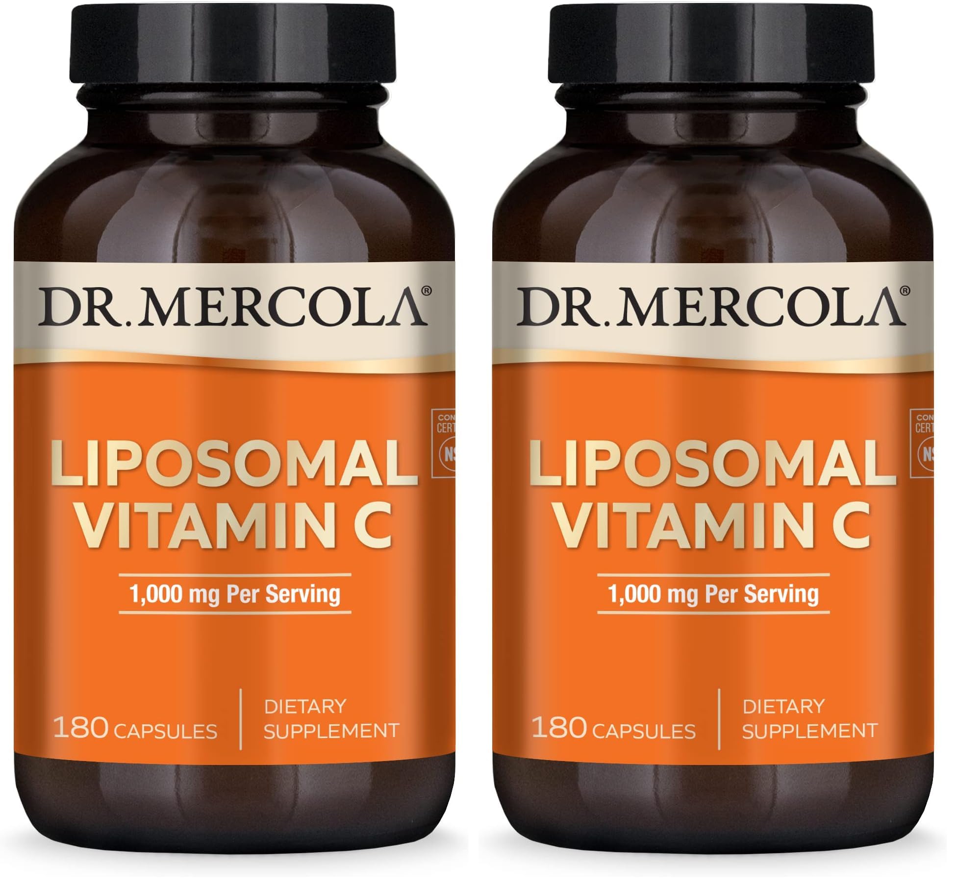 Dr. Mercola Liposomal Vitamin C - Brain, Heart, Eye & Immune Support - Provides 1,000 mg of Bioavailable Vitamin C - Non-GMO, Gluten-Free & Soy-Free - 180 Capsules (90 Servings) (Pack of 2) 180 Count (Pack of 2)