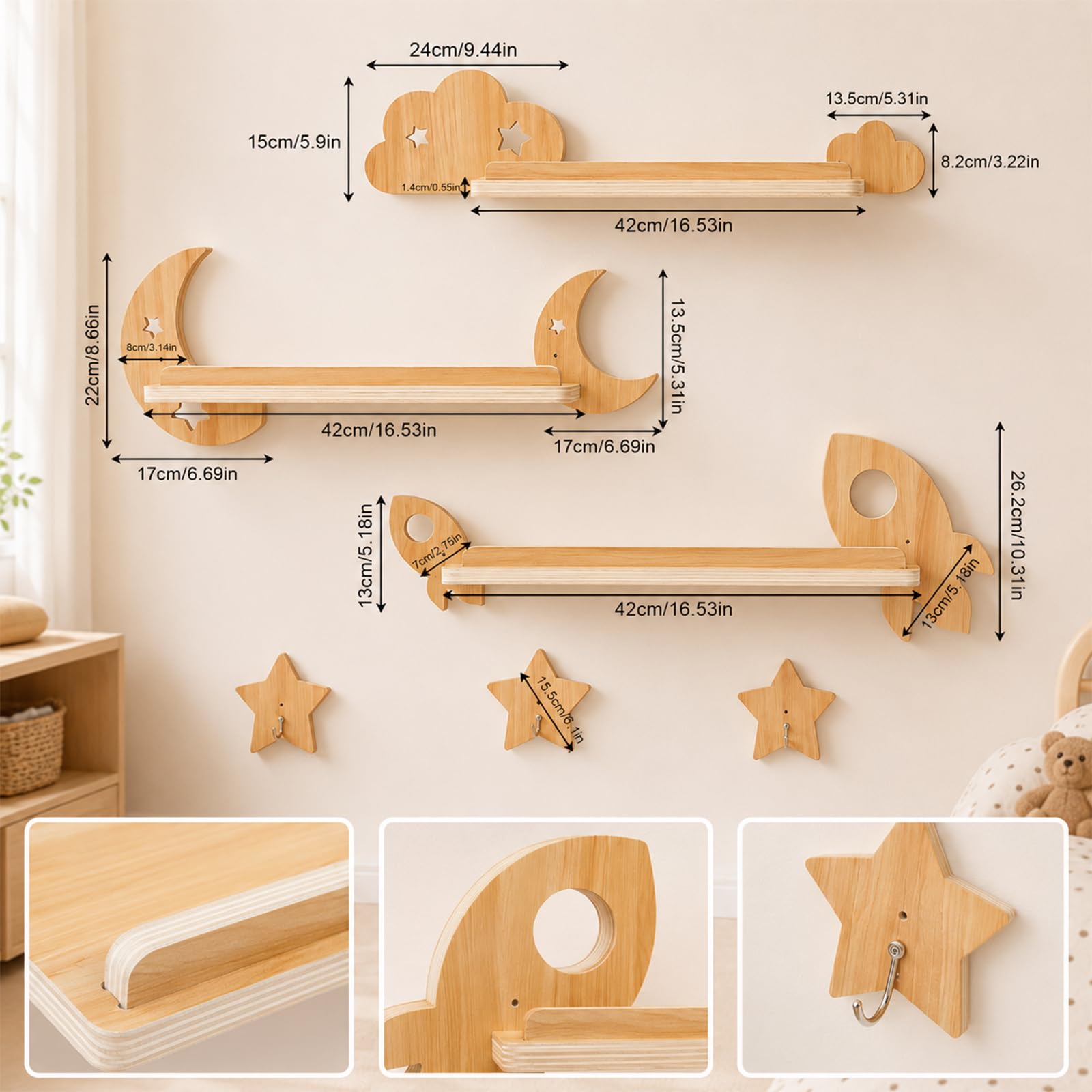 Lot de 3 Étagères Murales 40cm pour Chambre Enfant