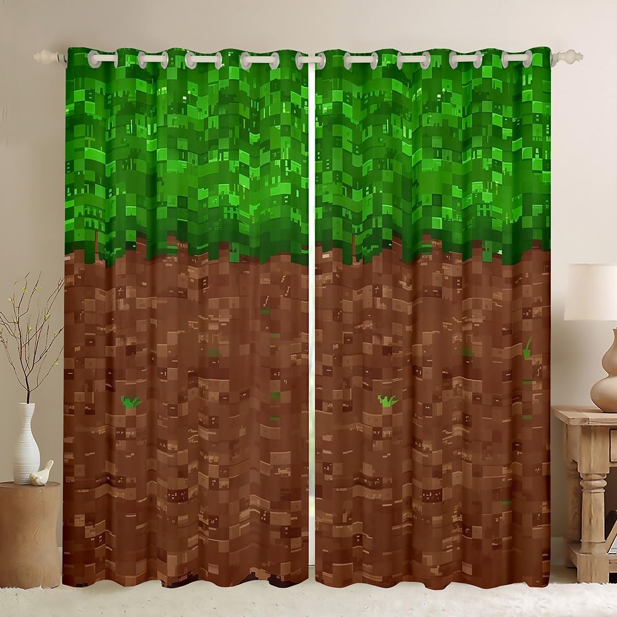 jejeloiu Pixel Curtain (2 Panels, 42 x 84 Inch) Kids Video Game Themed Blackout Shades Green Brown Room Darkening Curtain Window Treatments,Microfiber