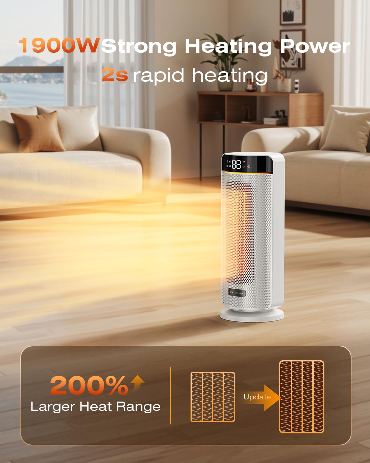 MYCARBON Stufa Elettrica Basso Consumo da Bagno LED Display con TEMP Regolabile 5℃-35℃ 4 Modalità ECO Timer 12h Oscillazione 70° Stufetta 1900w Termoventilatore Spegnimento Automatico con Telecomando