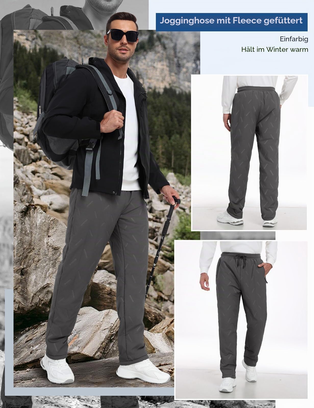 Voqeen Jogginghose Herren Thermo Winter Fleece Sweathose mit Reißverschluss Taschen Dicke Warme Trainingshose Skihose Wasserabweisend Outdoor