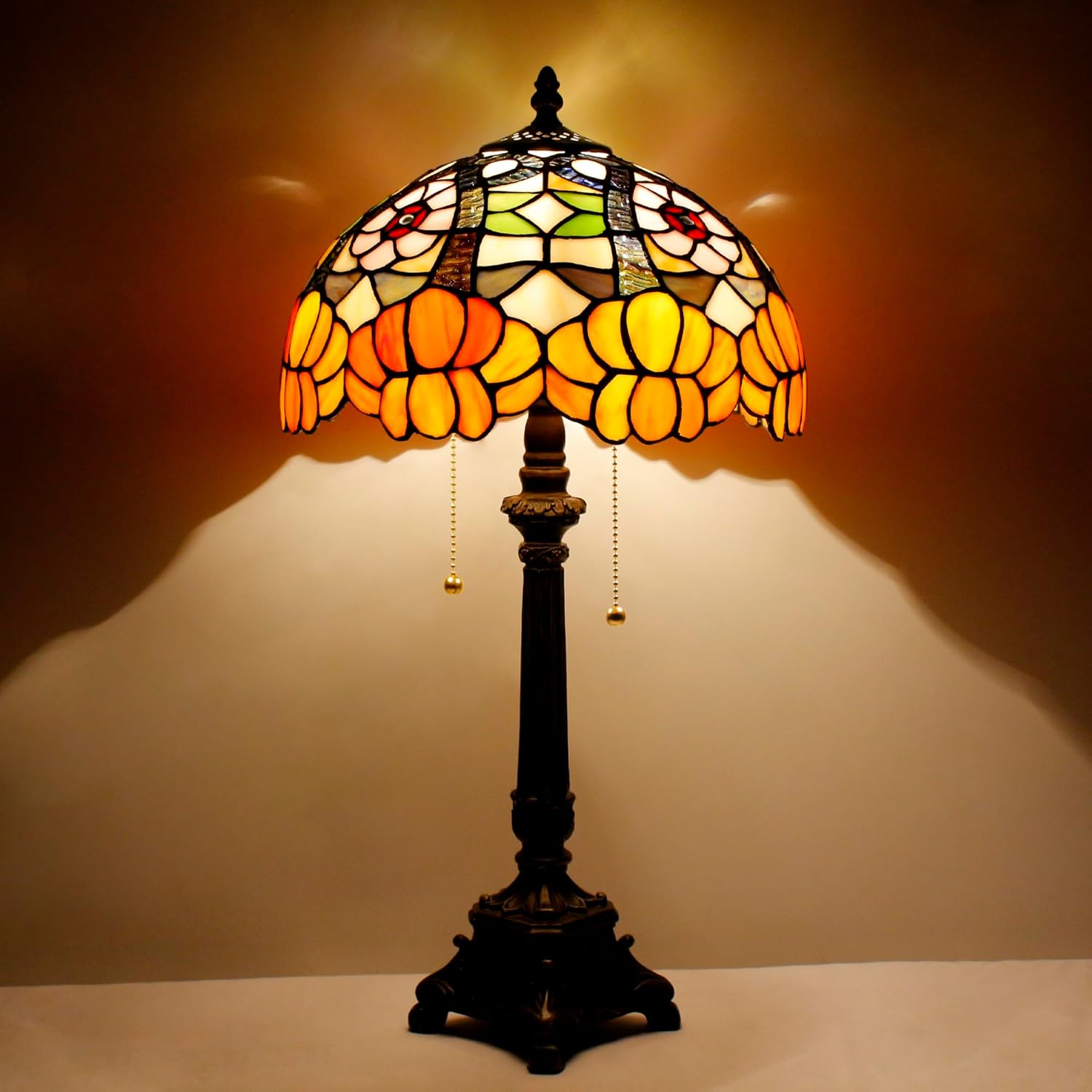 Tiffany Lamp Orange Flower Style Stained Glass Table Lamp Desk Reading Light 12X12X21 Inches with Resin Base Decor Bedroom Living Room