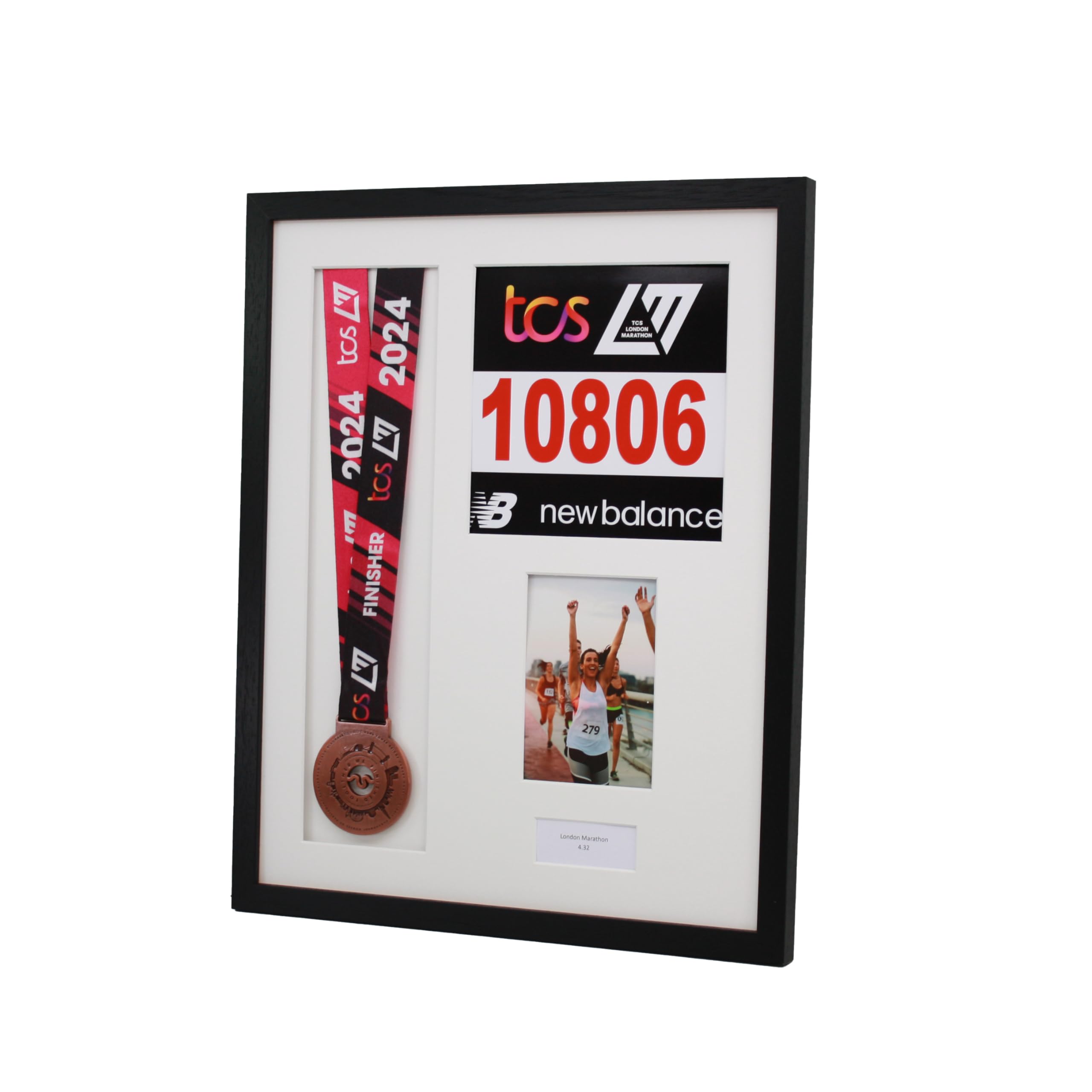 Personalised Medal display Frame with Apertures for Medal, Race Bib, 6x4 Photo and Text. London Marathon 2025 | 2024 | Marathon Medal | (Black Frame)