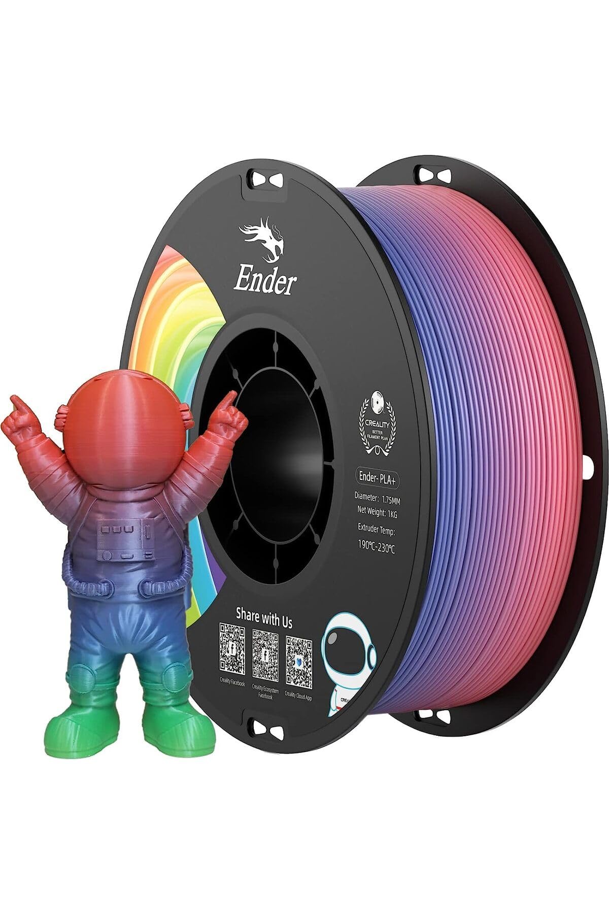 Official Creality PLA+ Filament, 1.75mm Plus PLA Pro 3D Printer Filament Stronger Toughness Smooth Printing Dimensional Accuracy +/- 0.02mm 1kg(2.2lbs) Roll Cardboard Spool (Rainbow)
