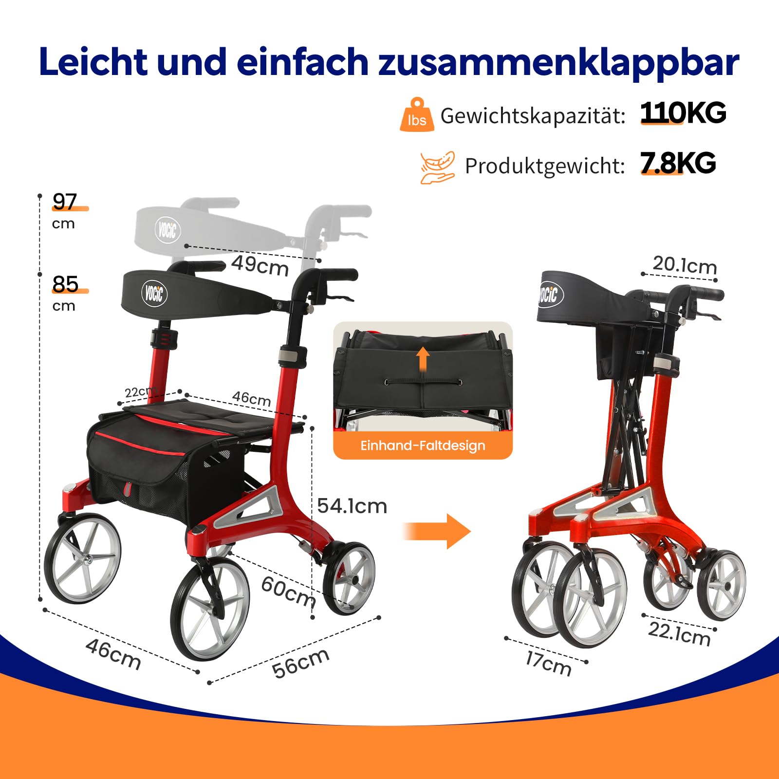 VOCIC Z71 Rollator faltbar leicht mit Sitz, Wasserdicht Aluminium Walker | Leicht klappbar für Senioren, Rollatoren leichtgewicht und faltbar spezial, Pannensichere All-Terrain-PU-Reifen, Rot
