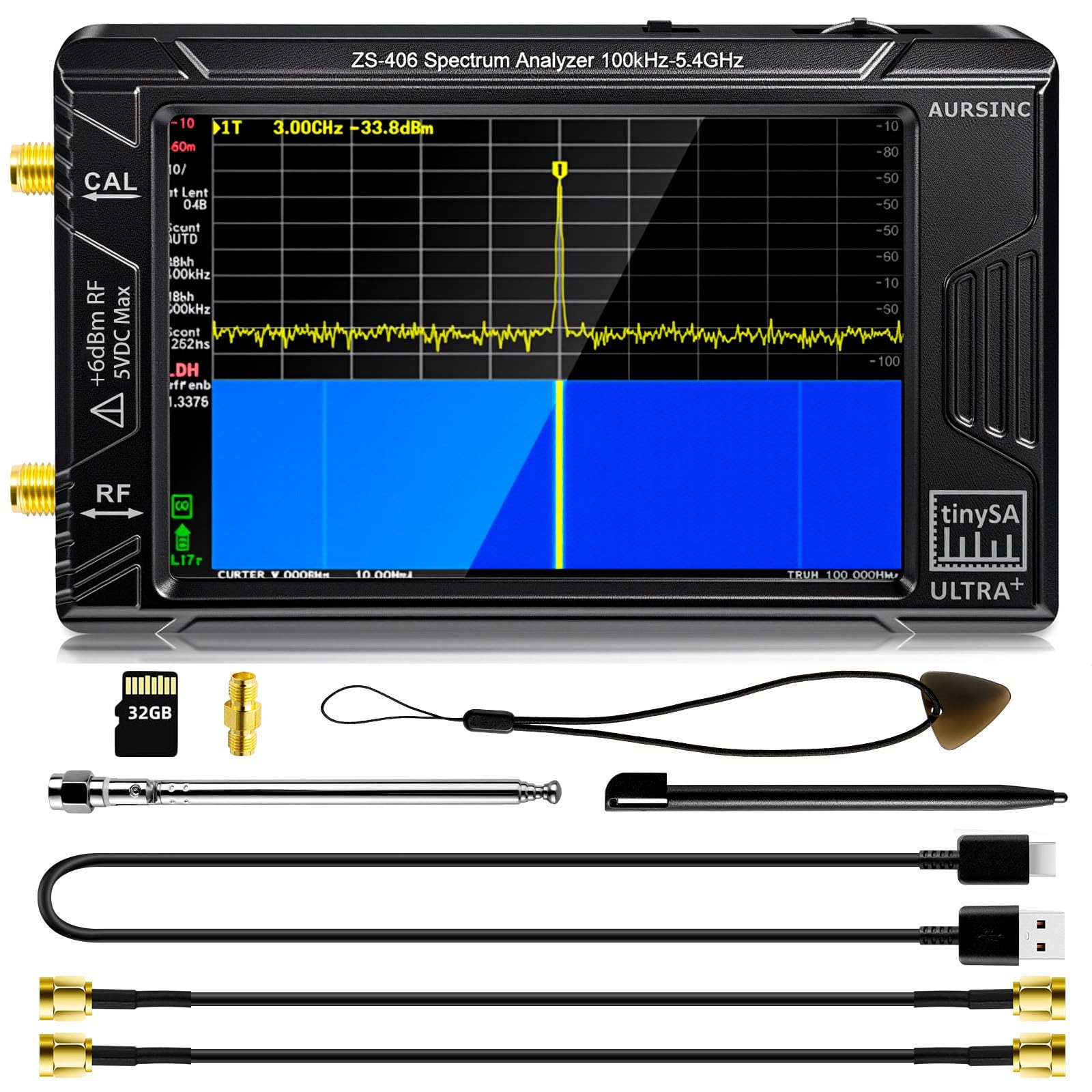 AURSINC TinySA Ultra+ ZS406 Spectrum Analyzer, 4.0 Inch 100kHz-5.4GHz Handheld Frequency Analyzer with 32Gb Card, HW V0.4.6, 2-in-1 Signal Generator MF/HF/VHF UHF Input, 2025 Upgraded