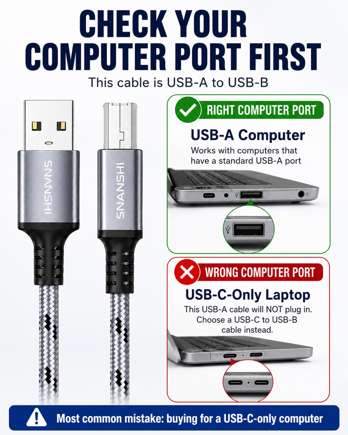 SNANSHI Cavo USB per stampante, 1,8 m, in nylon intrecciato ad alta velocità, USB 2.0 tipo A maschio a B maschio, cavo per stampante HP, Canon, Brother, Epson, cavo MIDI per interfaccia audio