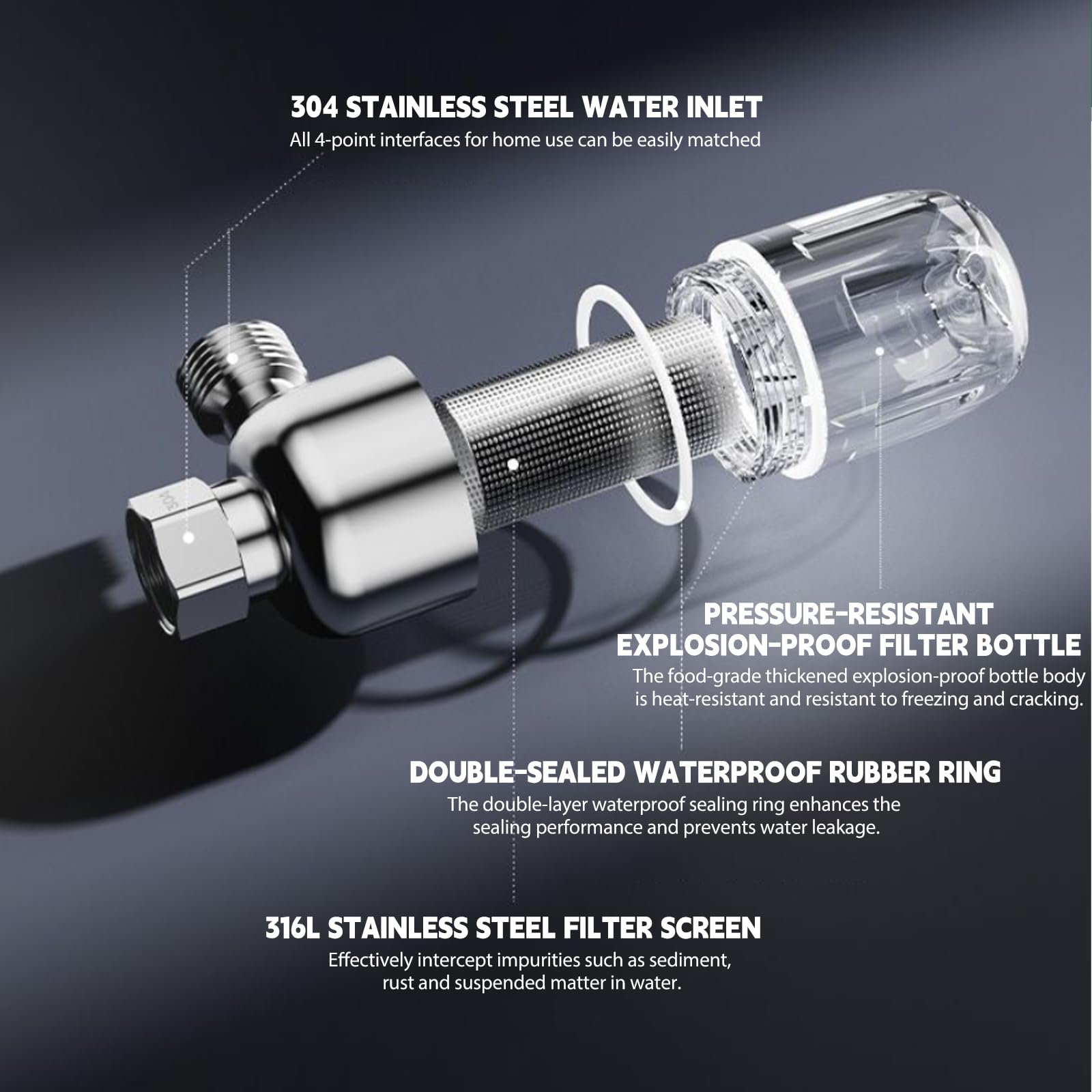 3 filtri dell'acqua per doccia, prefiltro per sistema idrico, 1/2 pollici, filtro anticalcare in acciaio inox da 40 μm, filtra efficacemente le impurità per toilette/lavatrice/rubinetto