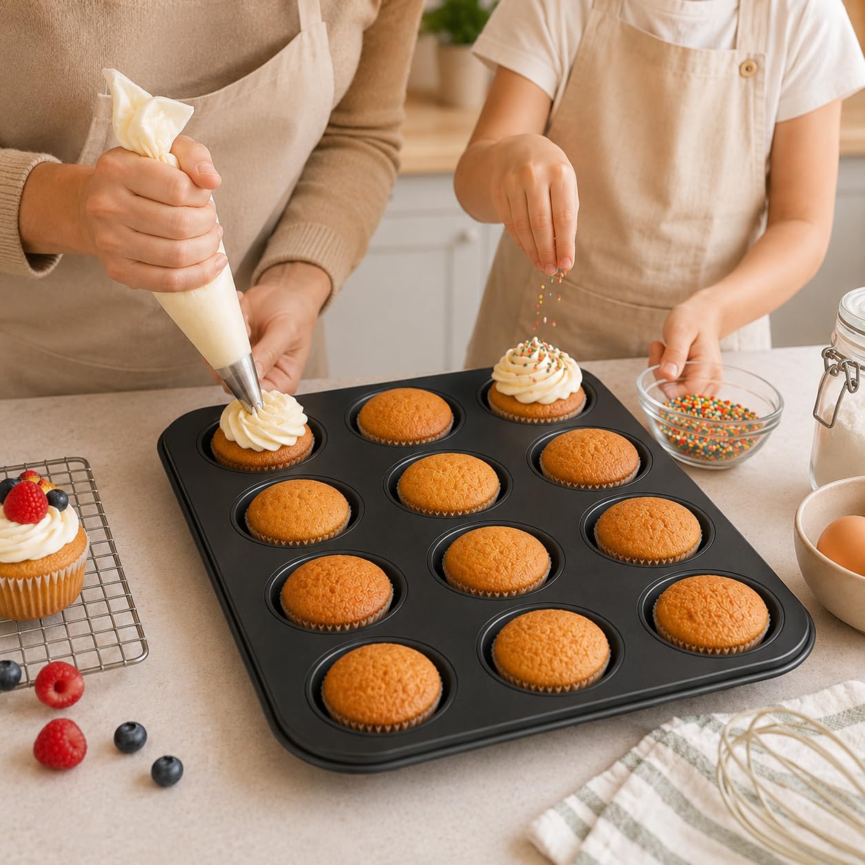 CANDeal Ensemble De 2 Moules À Muffins De 12 Tasses, Plateau De Cuisson Antiadhésif Pour Cupcakes, Moule À Muffins À 12 Cavités Pour Four, Moules À Gâteaux Lavables Pour Brownies (Noir)