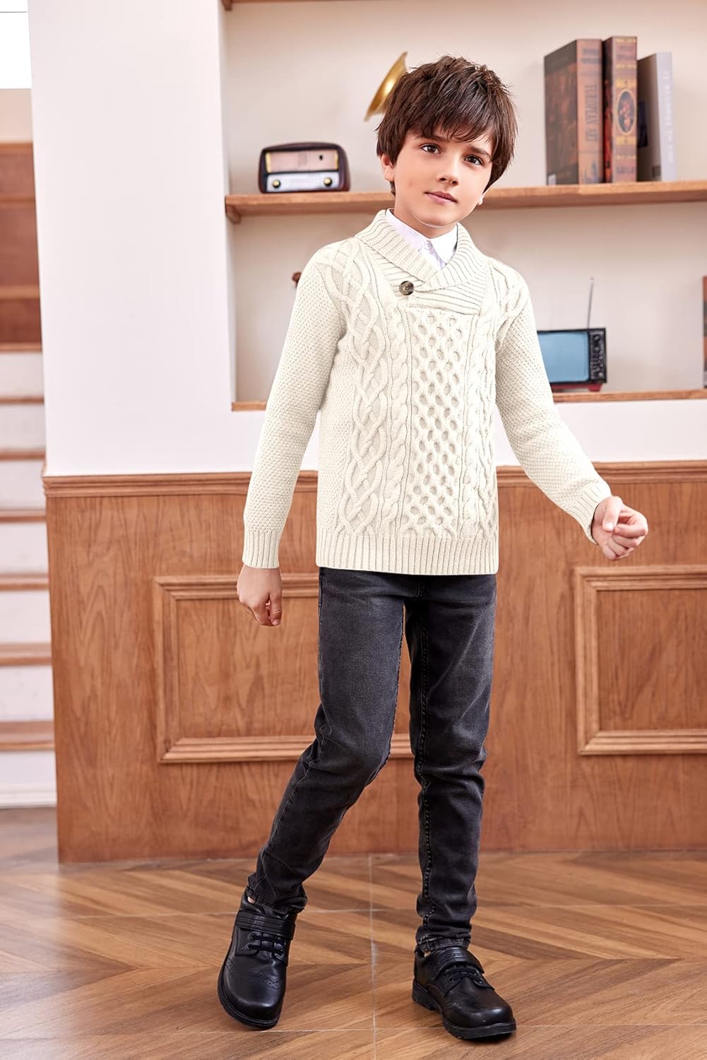 Makkrom Toddler Pullover Sweaters Shawl Collar Cable Knit Sweaters Long Sleeve Warm Outwear Spring Fall Winter - Image 3