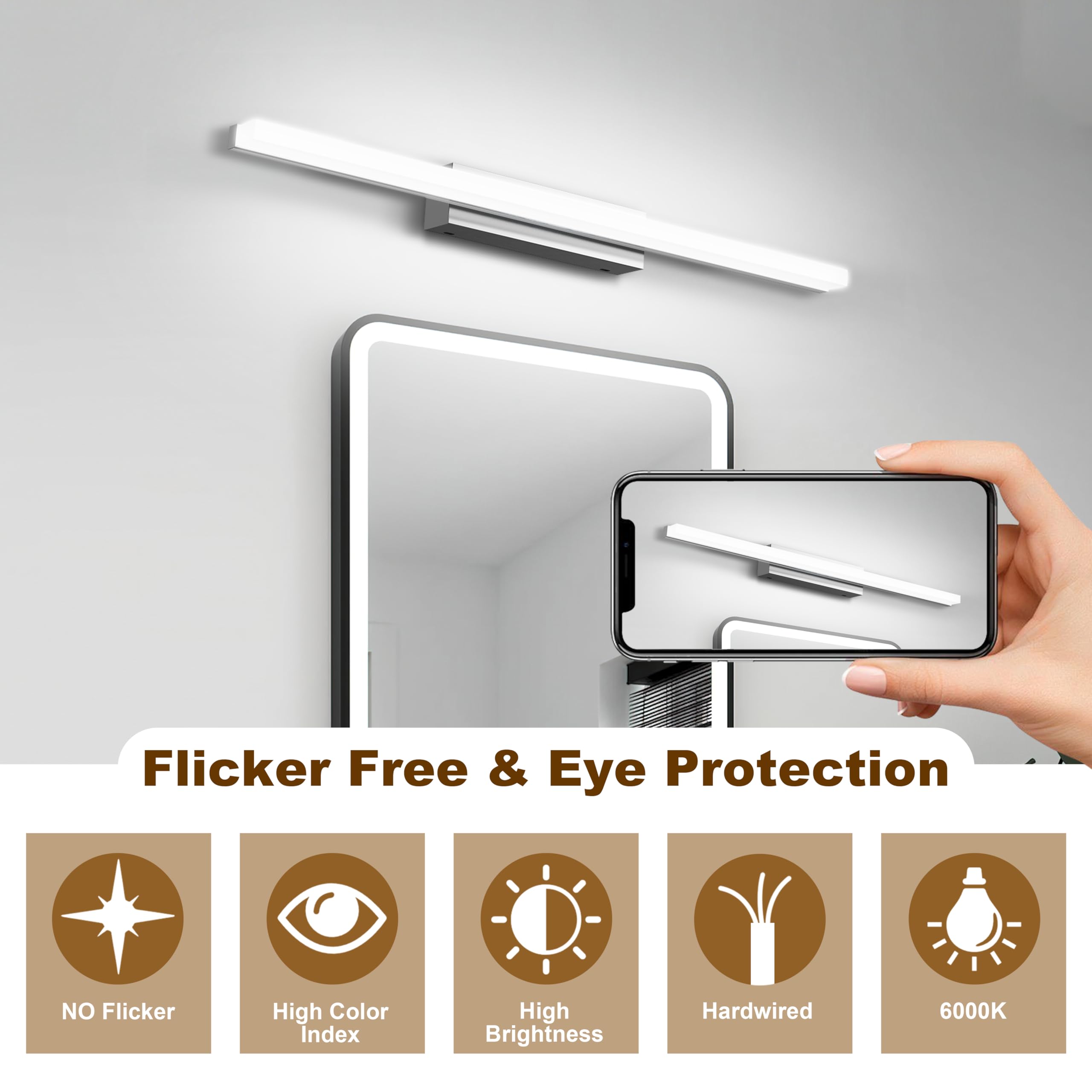 Luce Specchio Bagno Led, 60CM Luce per Specchio Bagno IP44 Freddo 6000K Led del, 10W luminosa Lampada Armadio Illuminazione Impermeabile Argento