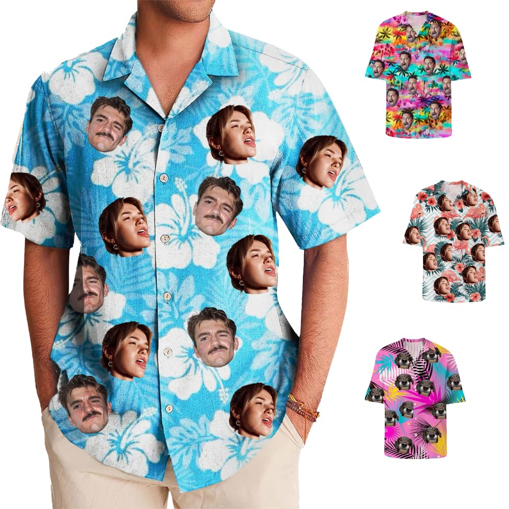 Genérico Camisa Hawaiana para Hombre, Camiseta Personalizada con Imágenes Divertidas De Caras, Mascotas, Etc.Camiseta De Manga Corta con Botones De Playa Tropical De Verano para Hombre.
