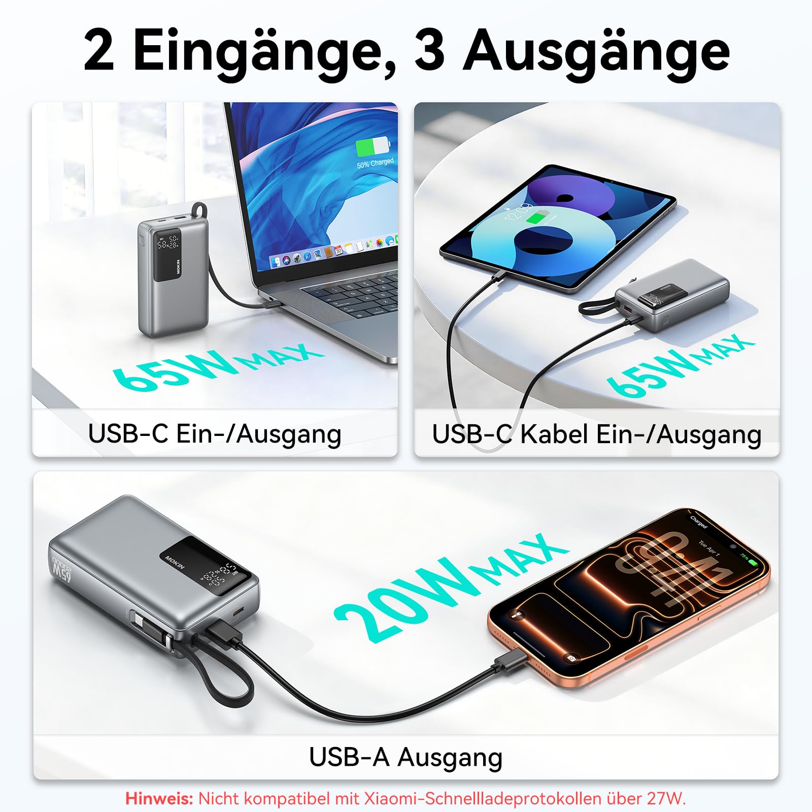 Power Bank, 65 W, 20000 mAh, funzione di ricarica rapida, USB C, PD3.0 e QC4.0, batteria esterna portatile per cellulare con display LED, compatibile con iPhone 17, 16, 15, 14, Samsung Galaxy S25, S24