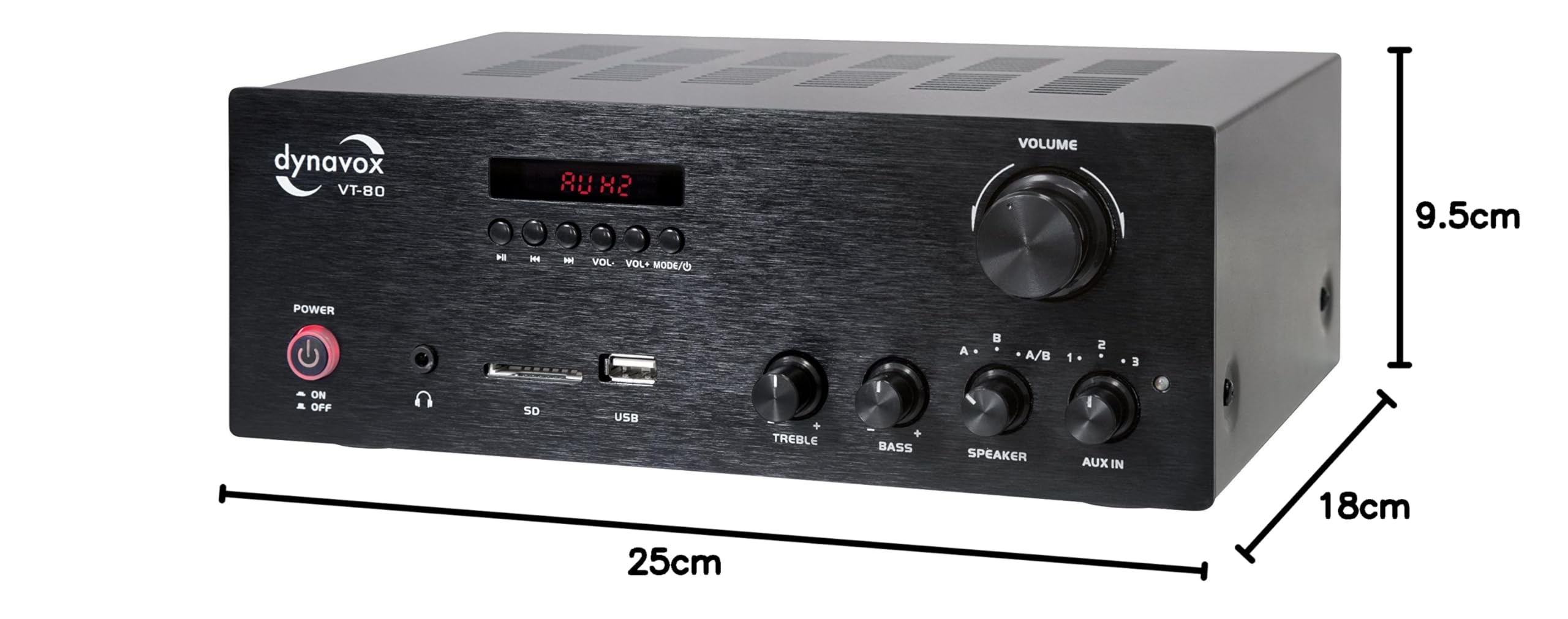 Dynavox Stereo Kompakt-Verstärker VT-80 schwarz, schraubbare Anschluss-Terminals für 4 Lautsprecher, Fernbedienung nur für Digital-Eingänge (USB, SD-Card), integrierte BT-Antenne