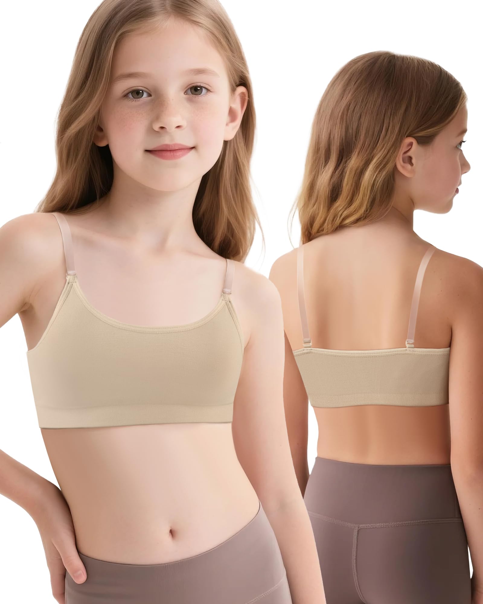 Clear Straps Dance Bra for Girls, 8-16 Years Training Ballet Gymnastics Sports Seamless Bralette with Silicone Covers