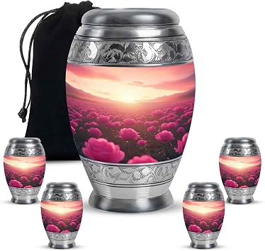 Fashionzaadi Rose Themed Cremation Urn - Large Pink Burial Urns for Human Ashes 10 Inch - Funeral Urn for Adult Women - 3 Inch Miniature Urns for Ashes Adult Male - Ash Storage Set of 5