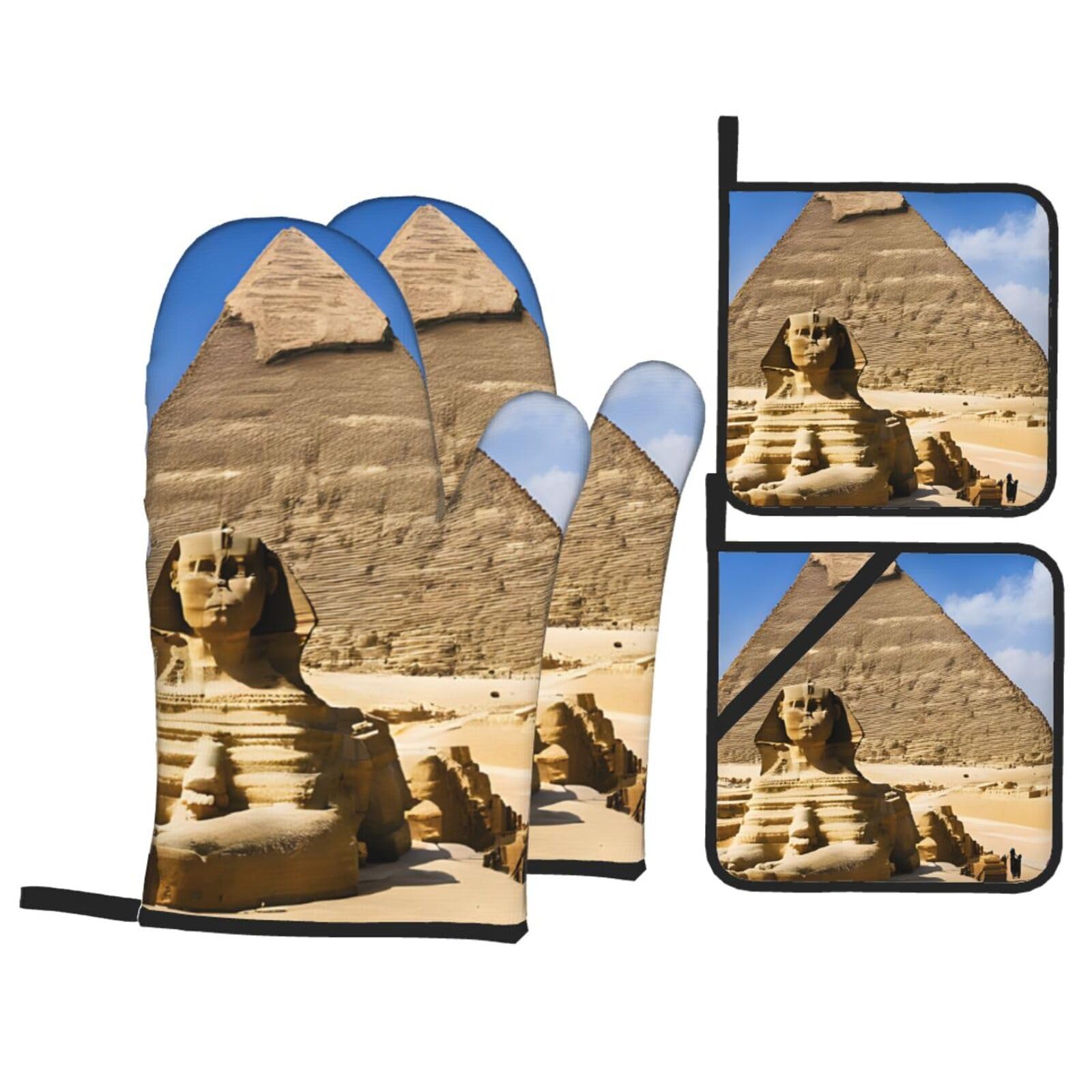 Pyramids of Egypt Print Oven Mitt and Pot Holders Sets of 4,Baking Cooking Bbq Oven Mitts Non-Slip Quilting Grill Mitts Heat Resistant Housewarming Gifts.