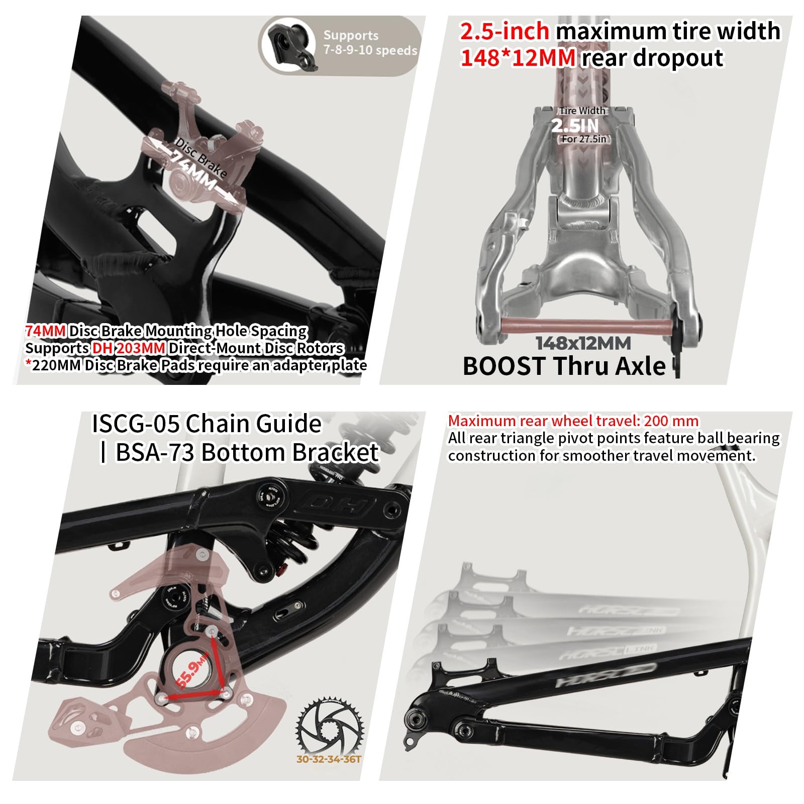 Rama roweru górskiego z pełnym zawieszeniem 27,5 cala, stop aluminium, hamulec tarczowy miękki ogon DH, wędrówka 200 mm, Boost Thrub 12x148mm