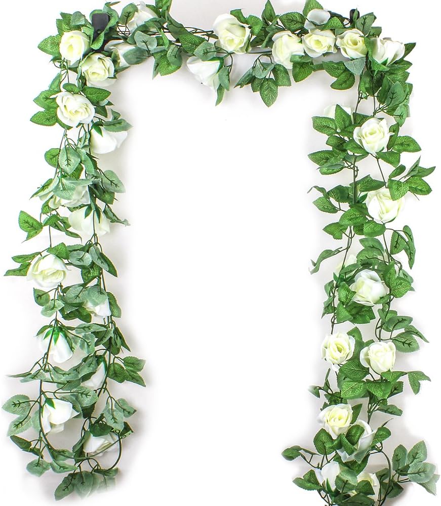 7.5FT Artificial Flower Rose Garland Vine with Green Leaves Fake Hanging Plant Flower Garland For Wedding Party Garden Wall Valentine Decoration (White, 2 pack)
