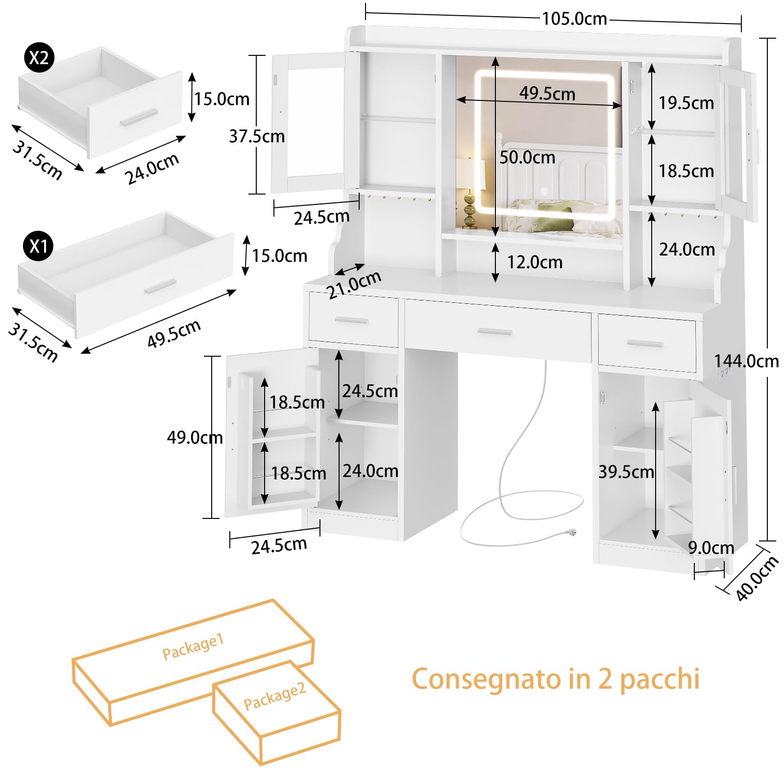 TEENFON Tocador de Maquillaje con Espejo LED y Luz RGB, Luminosidad Ajustable, 3 Cajones, 4 Puertas, 5 Ganchos para Joyas y Toma de Corriente, Moderno, Dormitorio, Blanco