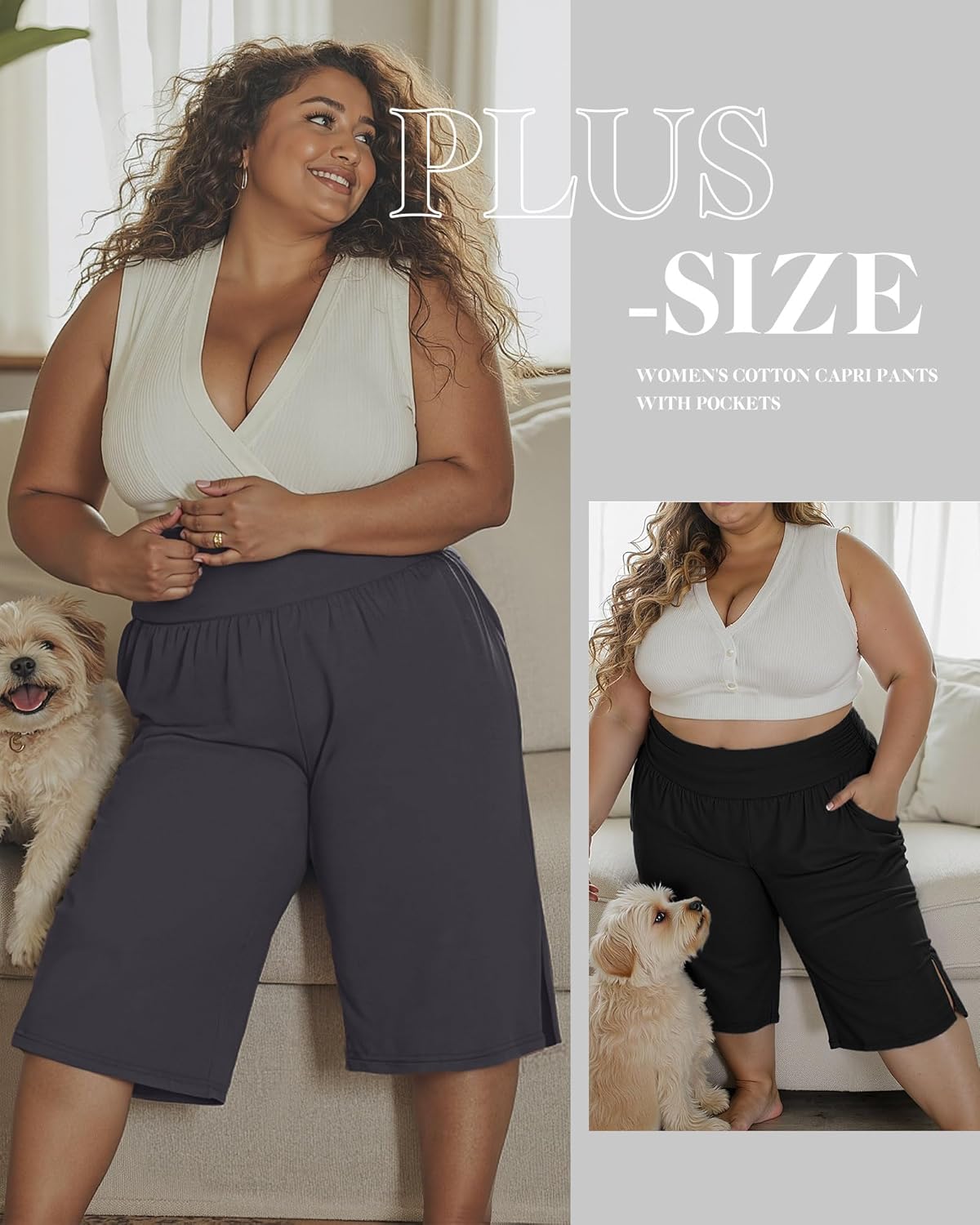 Neer 3 Pack Women's Plus Size Cotton Capri Pants High Waisted Wide Leg Loose Lounge Yoga Cropped Sweatpants with Pockets