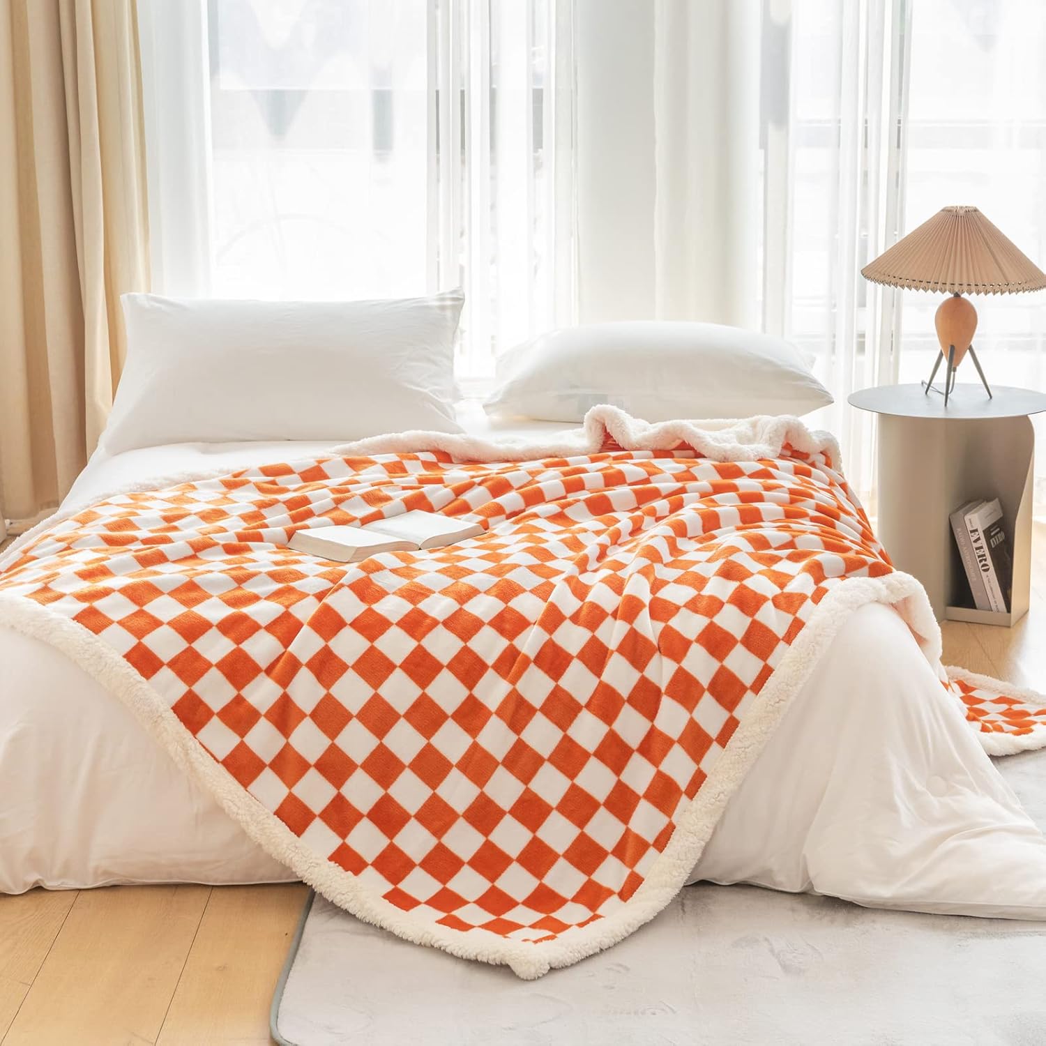 LOMAO Sherpa Throw Blanket Fleece Blanket with Checkered Pattern Soft Thick Blanket for Couch, Bed, Sofa Luxurious Warm and Cozy for All Seasons (Orange, 51"x63") - Image 6