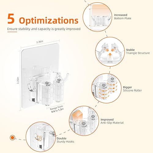 Miniatura 3 de Batur Soporte de pared para escoba, paquete de 4 soportes adhesivos para trapeador y escoba, soporte de pared, súper antideslizante, organizador de
