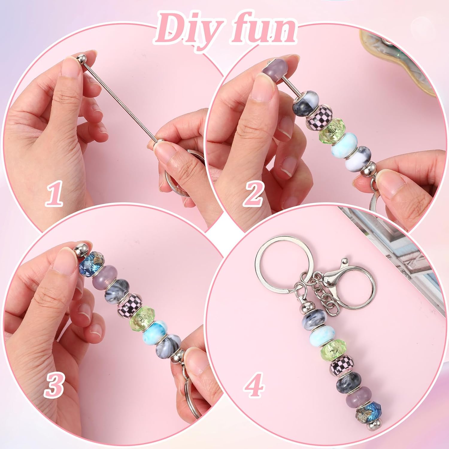 Beadable Keychain Set, Bulk Blank Keychains Metal Silver Beads Making Accessories for Craft Beaded Jewelry Keychain - Image 5
