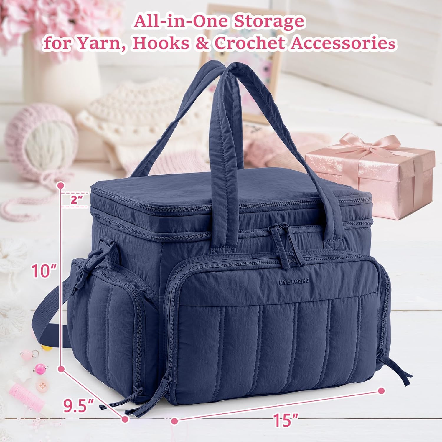 MYBAGZING Large Knitting & Crochet Bag Organizer for Yarn Storage, Double-Layer Knitting Project Bag with 6 Grommets, Yarn Organizer Tote for Knitting Supplies Crochet Hooks & Accessories Gift for Mom