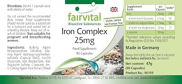 fairvital Iron Complex 25 mg Capsules 90 Capsules Swallow-Friendly High Dose Vegan