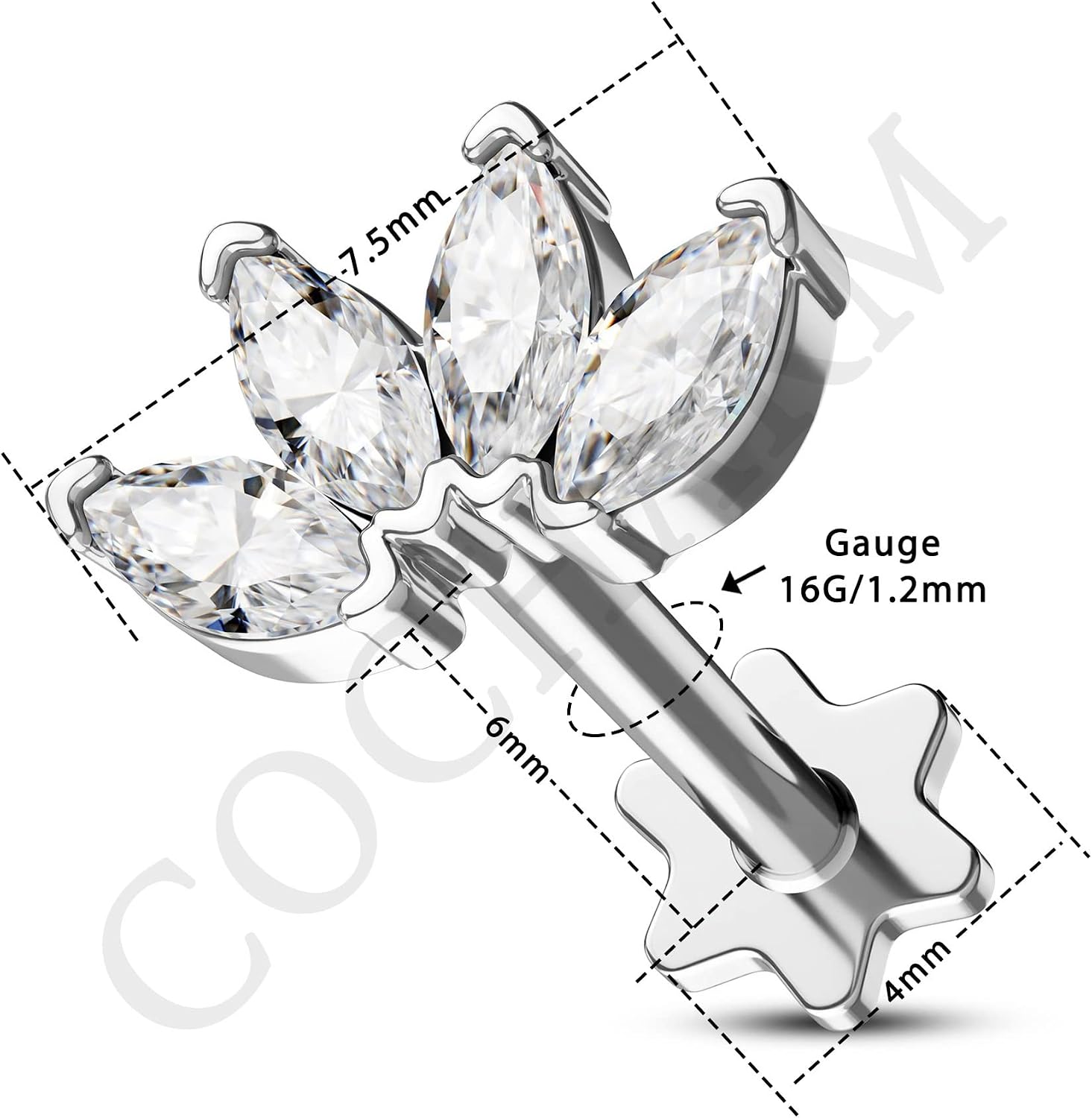 Cocharm 16g Flat Back Helix Earring Stud Cartilage Conch Piercing Jewelry Lotus Flower Cartilage Earring Cute Marquise CZ Tragus Jewelry Short Post 6mm 8mm 10mm