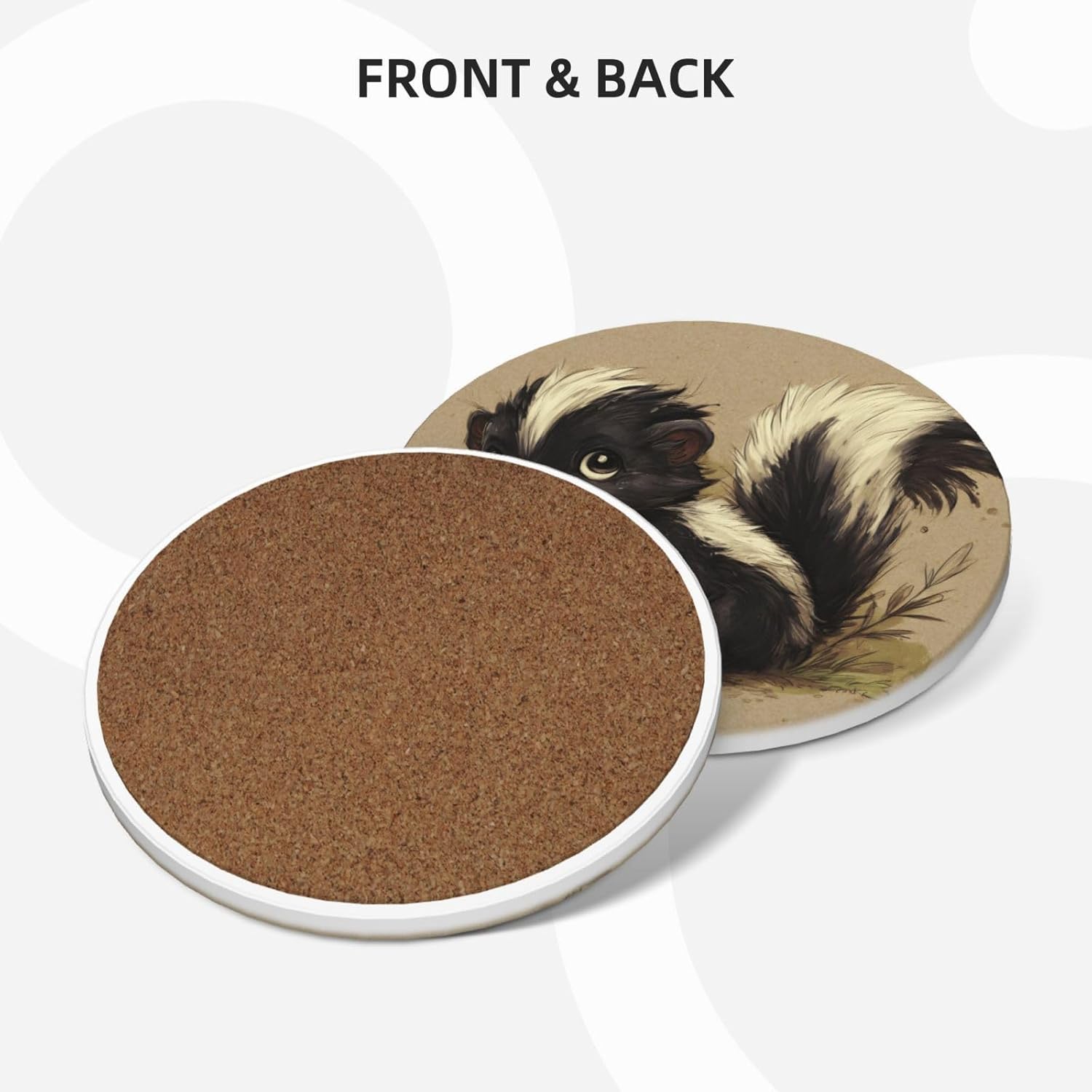 (Cute Skunk) Ceramic Coasters Set of 6 with Holder Non-Slip Round Coffee Coasters for for Cup Mug Drink Patio Coffee Table Decor, Christmas Coasters Home Bar Supplies