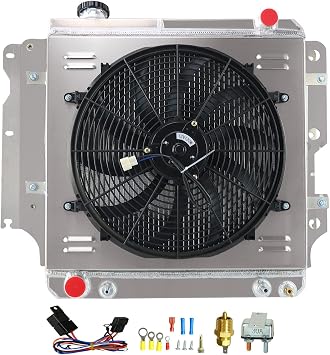 CU2101 All Aluminum Radiator for 1987-2006 Jeep Wrangler 2.4L 2.5L 4.0L 4.2L, Radiator Replaces for 1997-2006 Jeep TJ 2.4L 2.5L 4.0L, 3 Row Core Radiator Shroud Electric Fan Realy Kit