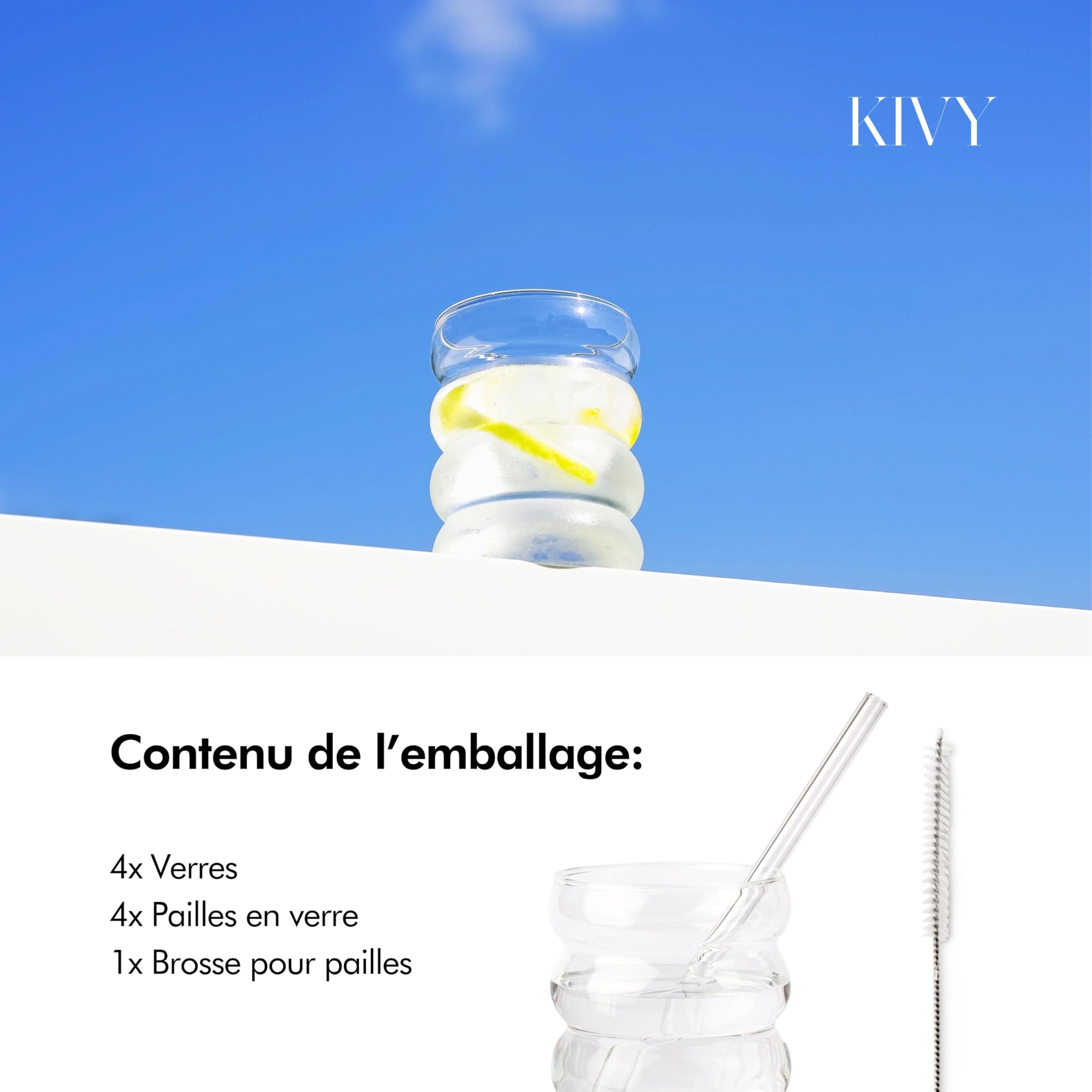 KIVY Set de Verre avec Paille [4x 350ml] - Verres à Eau, Café Glacé et Matcha - Verres à Café et à Latte Macchiato - Pour Smoothies, Jus et Cocktails - Verre à Bulles Effet Bubble - Sans BPA