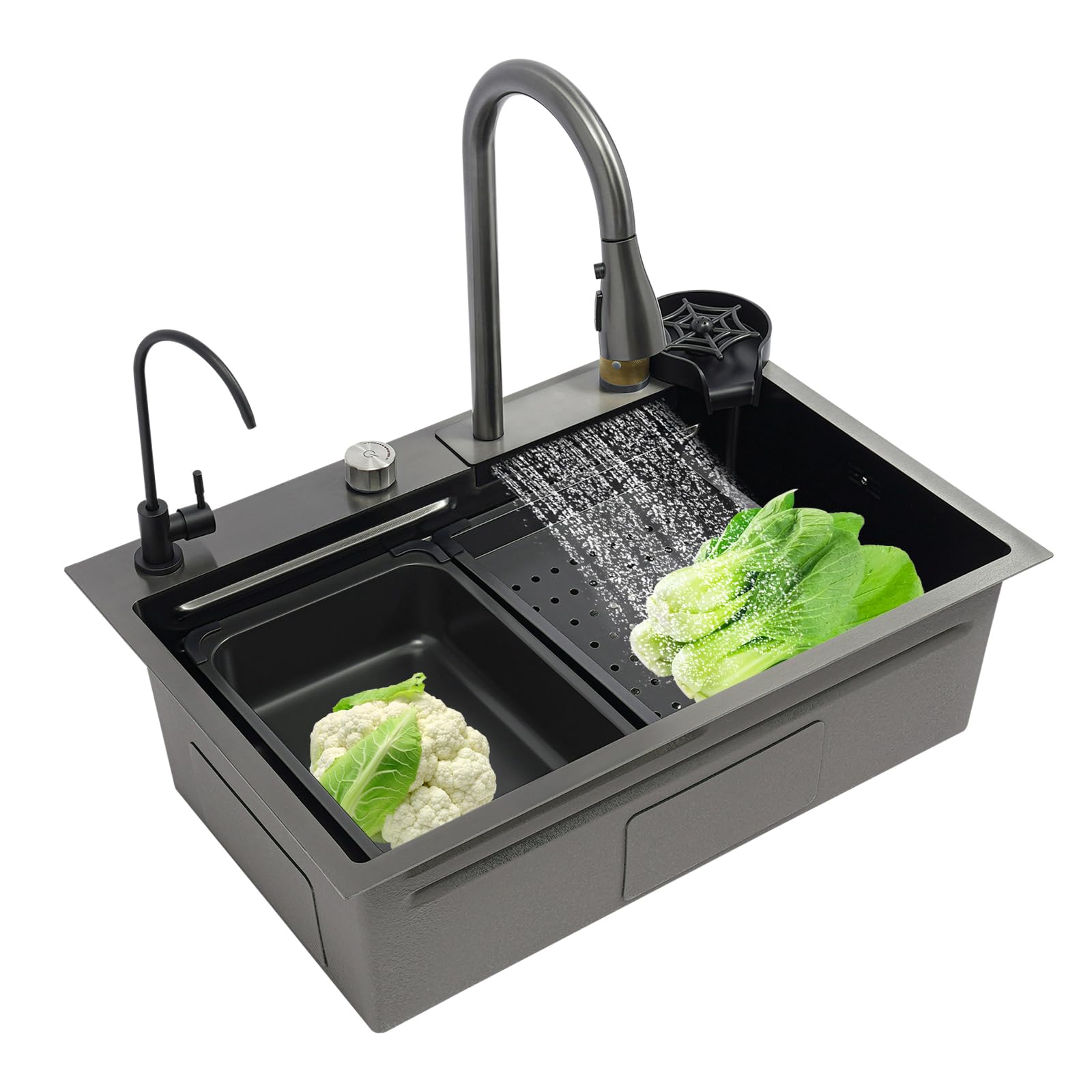 Fregadero de cocina negro de acero inoxidable, 68 x 45 x 21 cm, lavabo de cocina con grifo extraíble, tabla de cortar, limpiador de cristales, estación de trabajo para bar, restaurante, etc