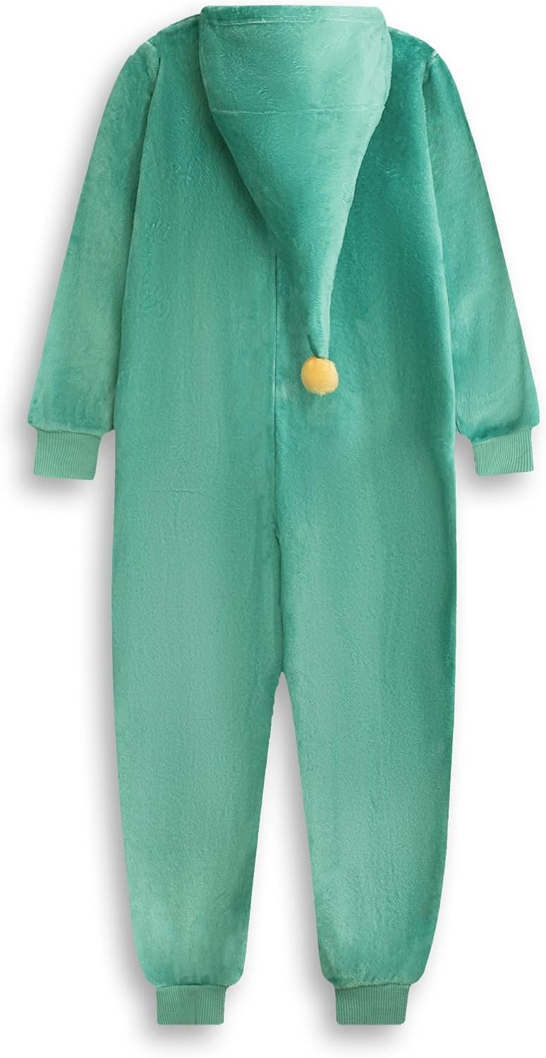 Elf Kids Green Striped Onesie Hooded Zip-Up Sleepwear in Fluffy Material Christmas Nightwear for Holidays