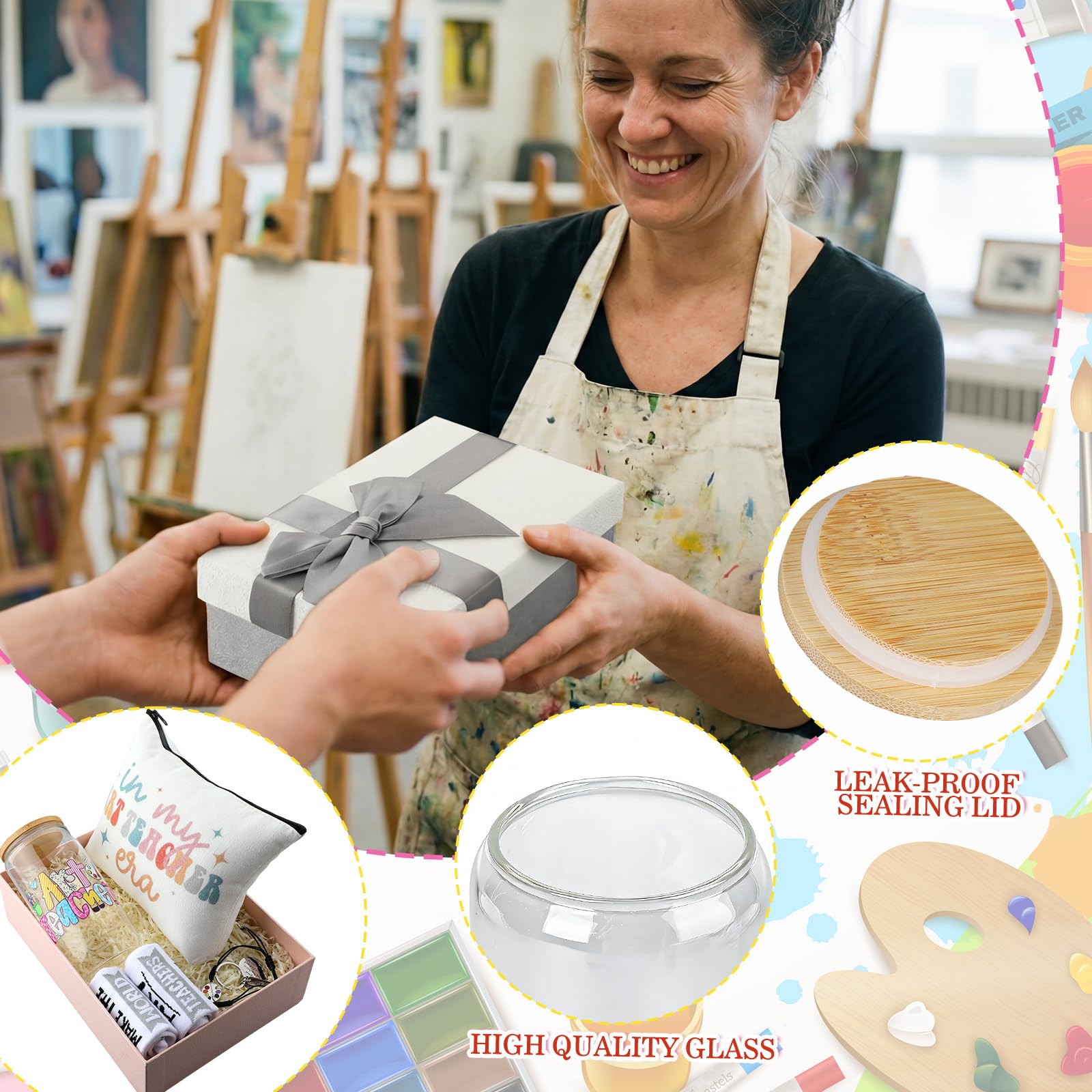 Remerry 7 Pcs Art Teacher Appreciation Gifts Include 16 oz Glass Cup Cosmetic Bag Socks Keychain Bracelet Card and Gift Box Ideas Thank You Basket for Art Teacher from Students