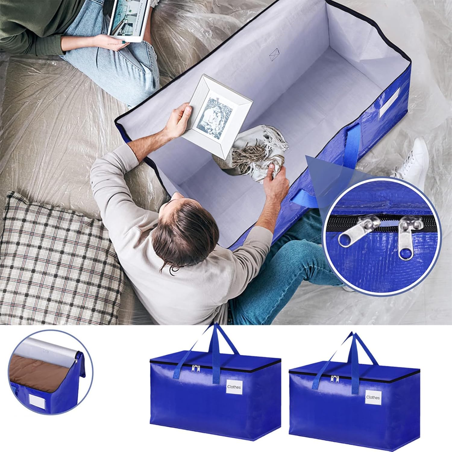 強力なジッパーとキャリングハンドル付きの特大引越しバッグ スペースを節約するための頑丈な収納用トート型引越しボックス ジッパー付きの