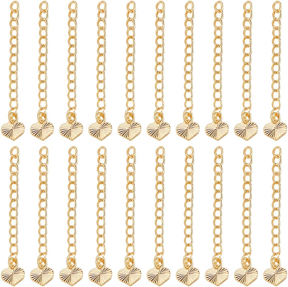 Beebeecraft 1 Box 20Pcs Bracelet Extender Chain with Heart Tag Necklace End Chains Real 18K Gold Plated Brass Lowe Charm 5.2cm Craft Cable Chain Extension for Jewelry Making DIY Crafts