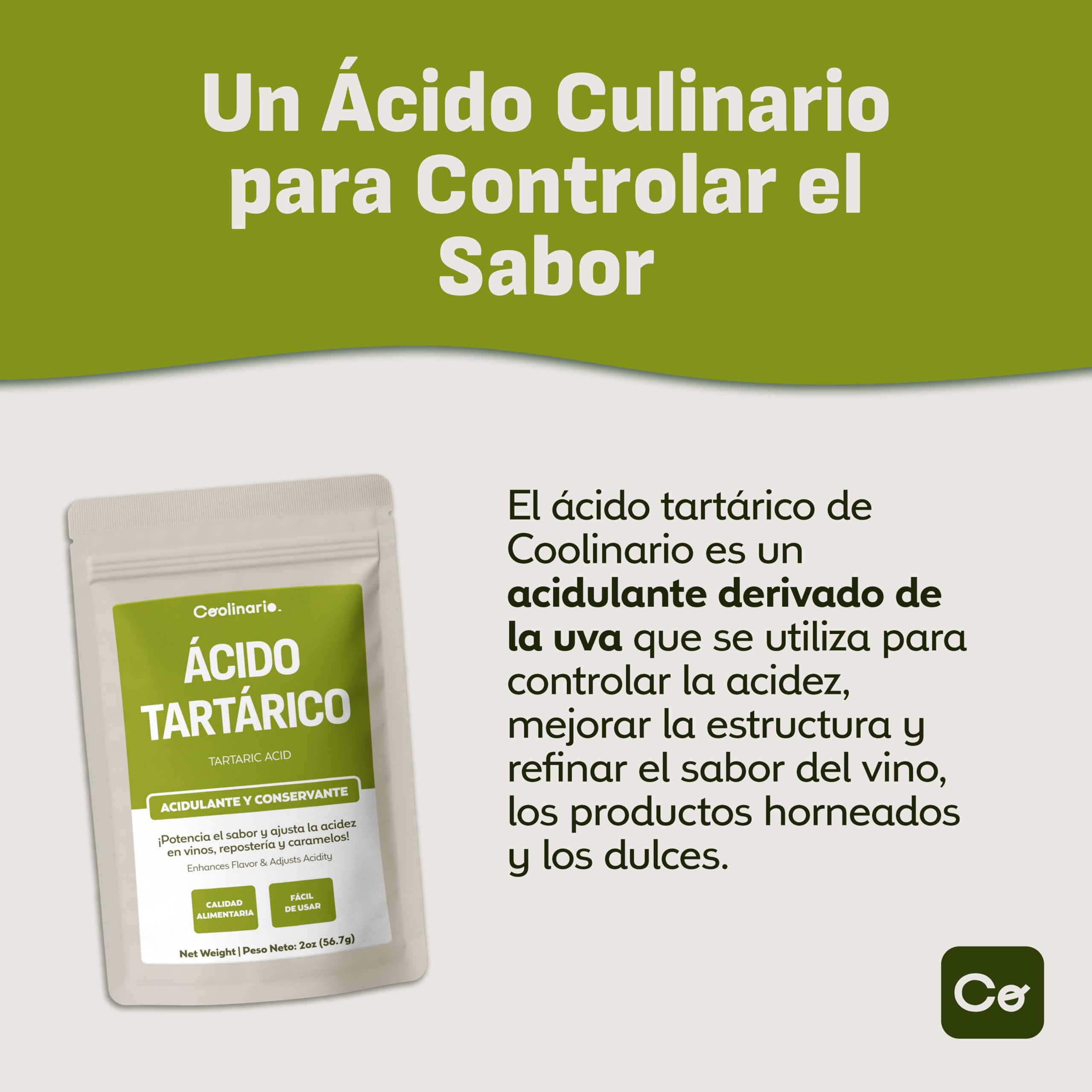 Coolinario Ácido Tartárico en Polvo (56 g) Acidulante Natural para Vinos, Repostería y Caramelos | Ajusta Acidez | Sustituto de Crema Tártara | Grado Alimenticio