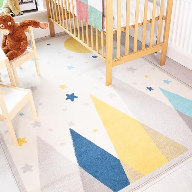 Childrens Kids Scandi Rug Durable Cream Grey Mountains Stars Moon Bedroom Playroom Nursery Small Rugs Boys Girls 80cm x 150cm