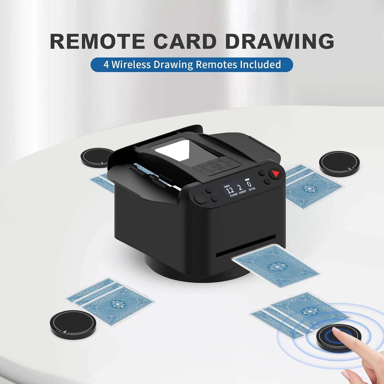 Automatic Card Shuffler and Dealer 2-in-1，2 Decks Support 12 Players, 4Drawing Remotes，USB-C Rechargeable Card shuffler Machine,360° Dealing, for Poker, UNO, Phase 10, Skip-Bo, Rummy (Black)