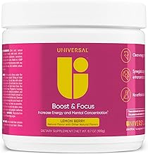 Universal U Boost & Focus Powder, Increase Energy and Cognitive Performance, Pre Workout, Custom Dosing, VIT B12, Niacin, Choline, L-Tyrosine, No Artificial Flavors, 30 Servings Lemon Berry