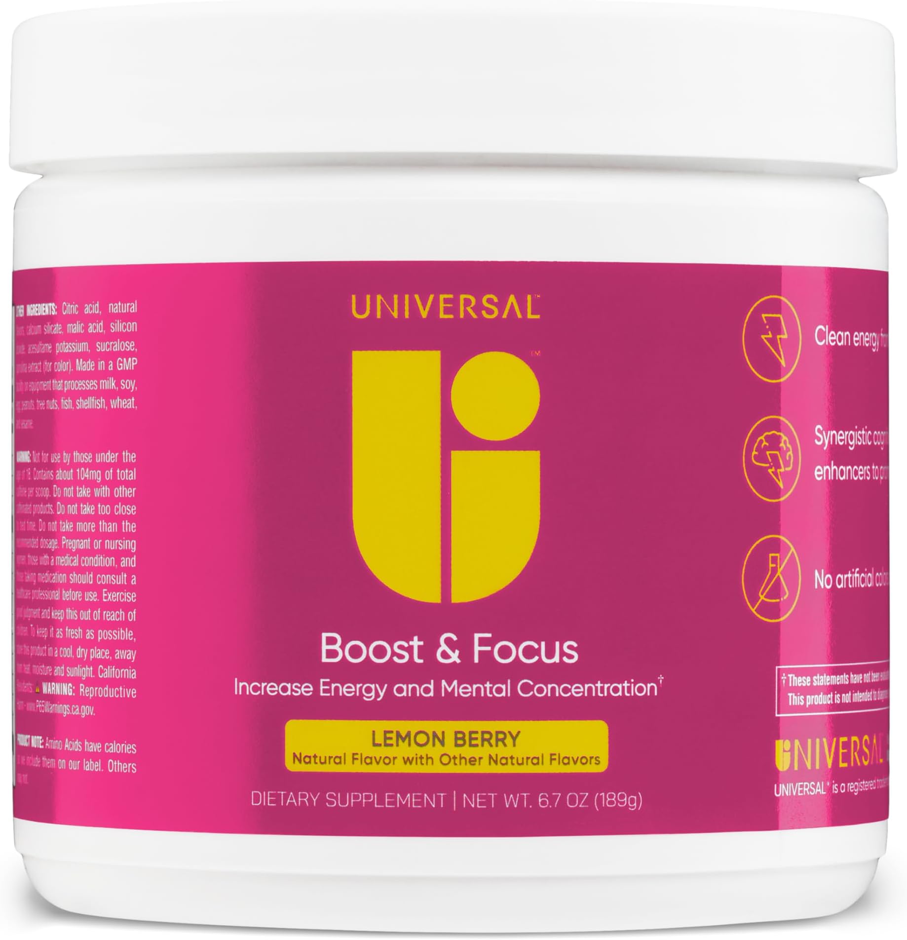 Universal U Boost & Focus Powder, Increase Energy and Cognitive Performance, Pre Workout, Custom Dosing, VIT B12, Niacin, Choline, L-Tyrosine, No Artificial Flavors, 30 Servings (Lemon Berry)