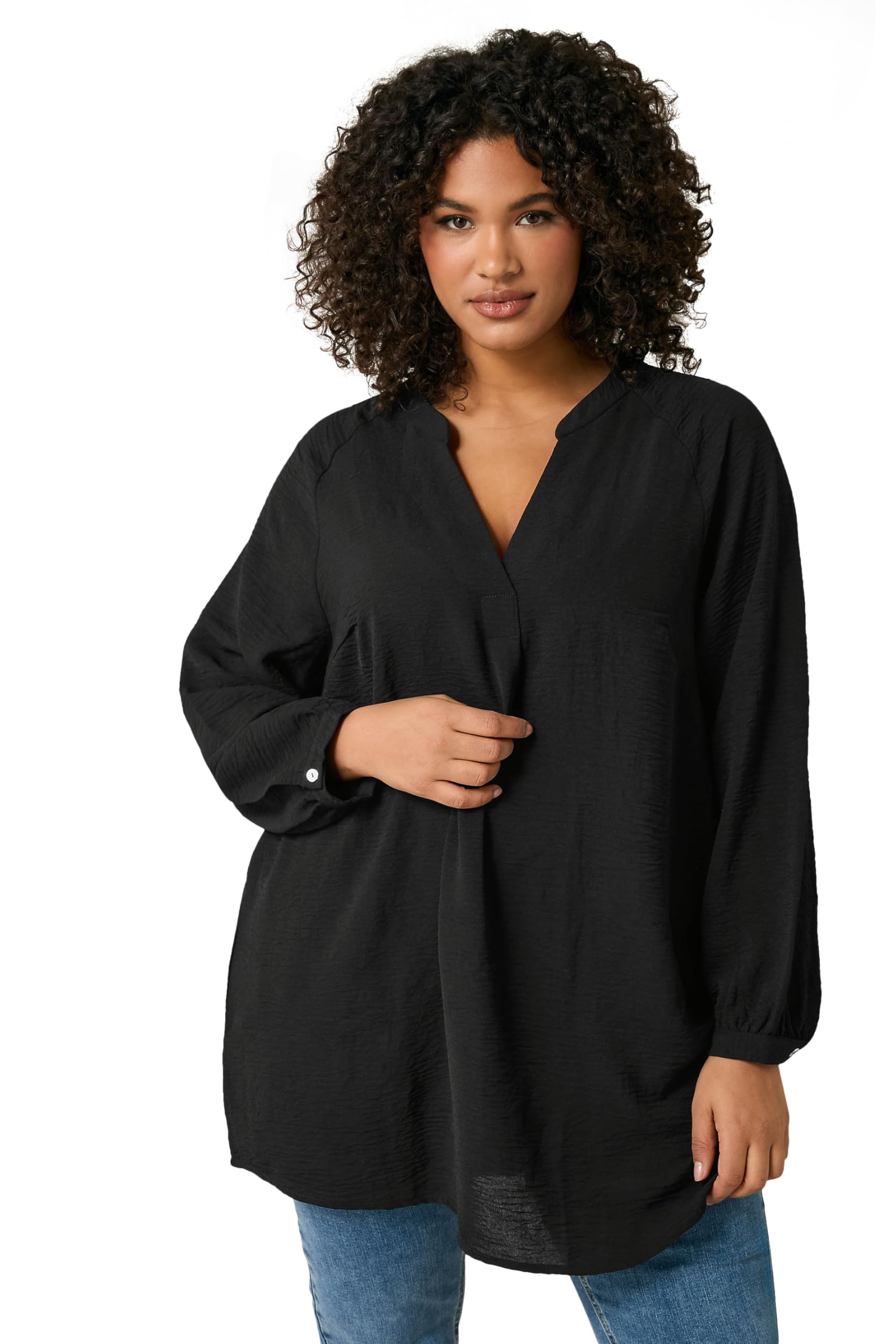 Evans Women's Black Curve Notch Neck Long Sleeve Blouse - Plus Size Curve