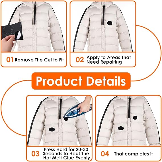 4set Puffer Down Jacket Repair Patch Kit, Black Fabric Patches & Self Adhesive Tape Alternative for Jackets, Clothing Repair Tape with Waterproof Stick On Patches