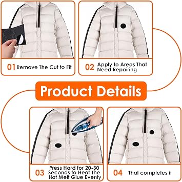 4set Puffer Down Jacket Repair Patch Kit, Black Fabric Patches & Self Adhesive Tape Alternative for Jackets, Clothing Repair Tape with Waterproof Stick On Patches
