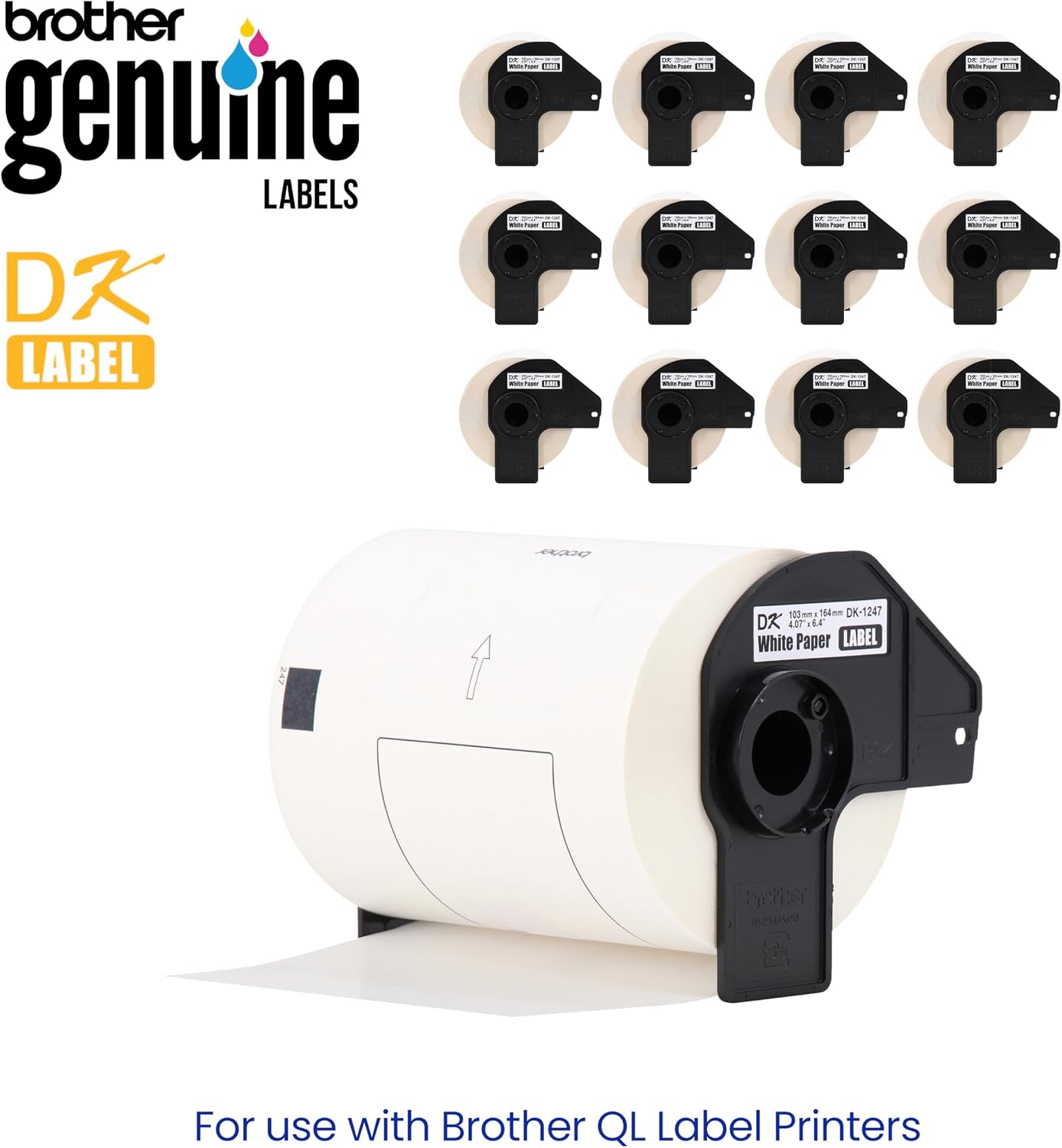 Brother Genuine DK-124712PK Die-Cut Large Shipping Labels, 4.07 in x 6.4 in (103 mm x 164 mm), White Paper Labels, 180 per Roll, 12 Rolls per Box, for use with Select Brother QL Label Printers